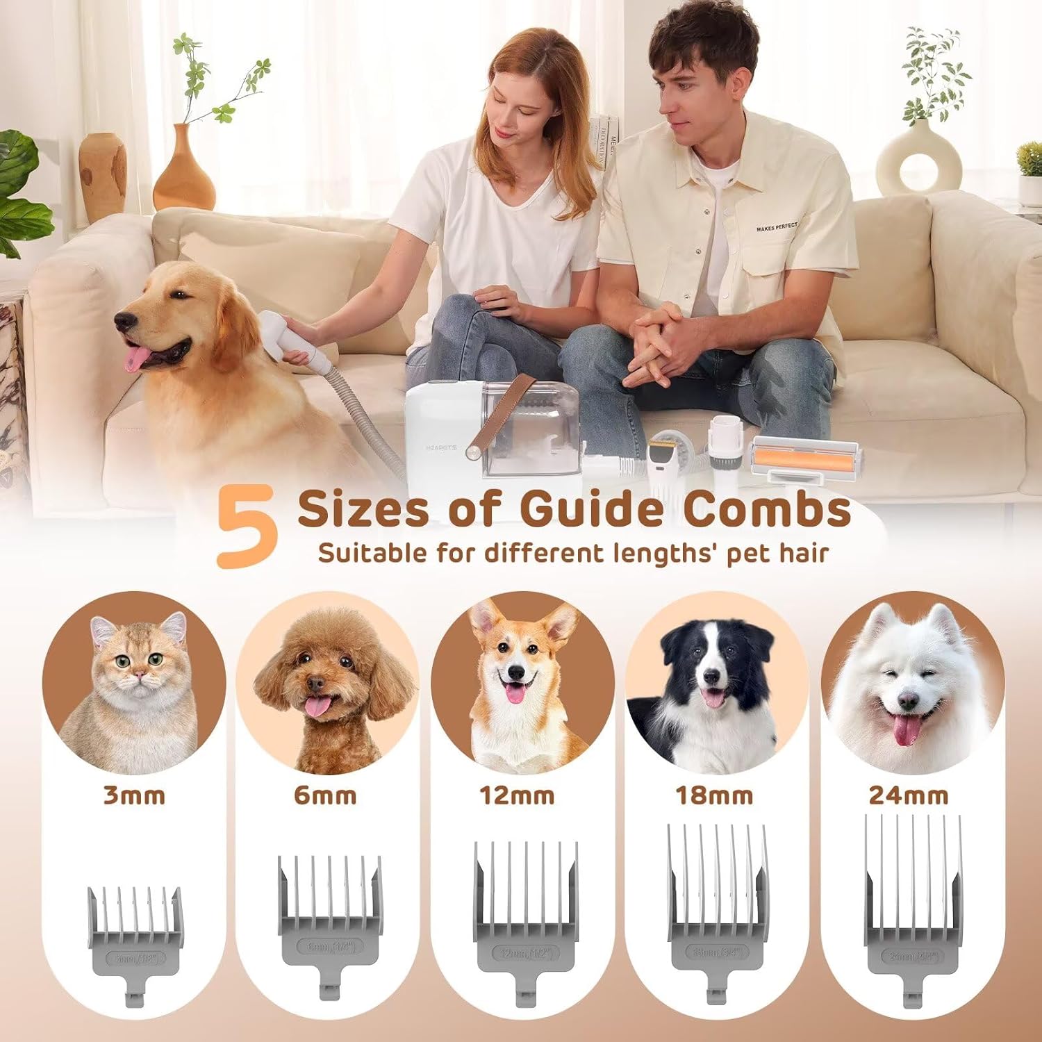 HEAPETS Dog Grooming Vacuum Kit - 3L Vacuum with 7 Tools, Low Noise Electric Clipper and Brush for Pet Shedding at Home, White - Image 3