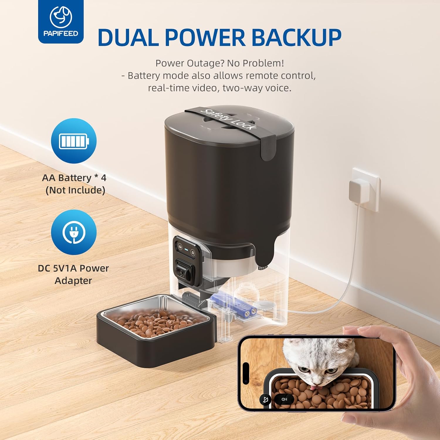 PAPIFEED Automatic Cat Feeder with Camera, 6L Cat Food Dispenser with App, 2.4G WiFi Timed Cat Feeder for Dry Food, 2-Way Audio, Smart Pet Feeder for Small Dog, 10 Meals/Day, 12 Portions/Meal - Image 5