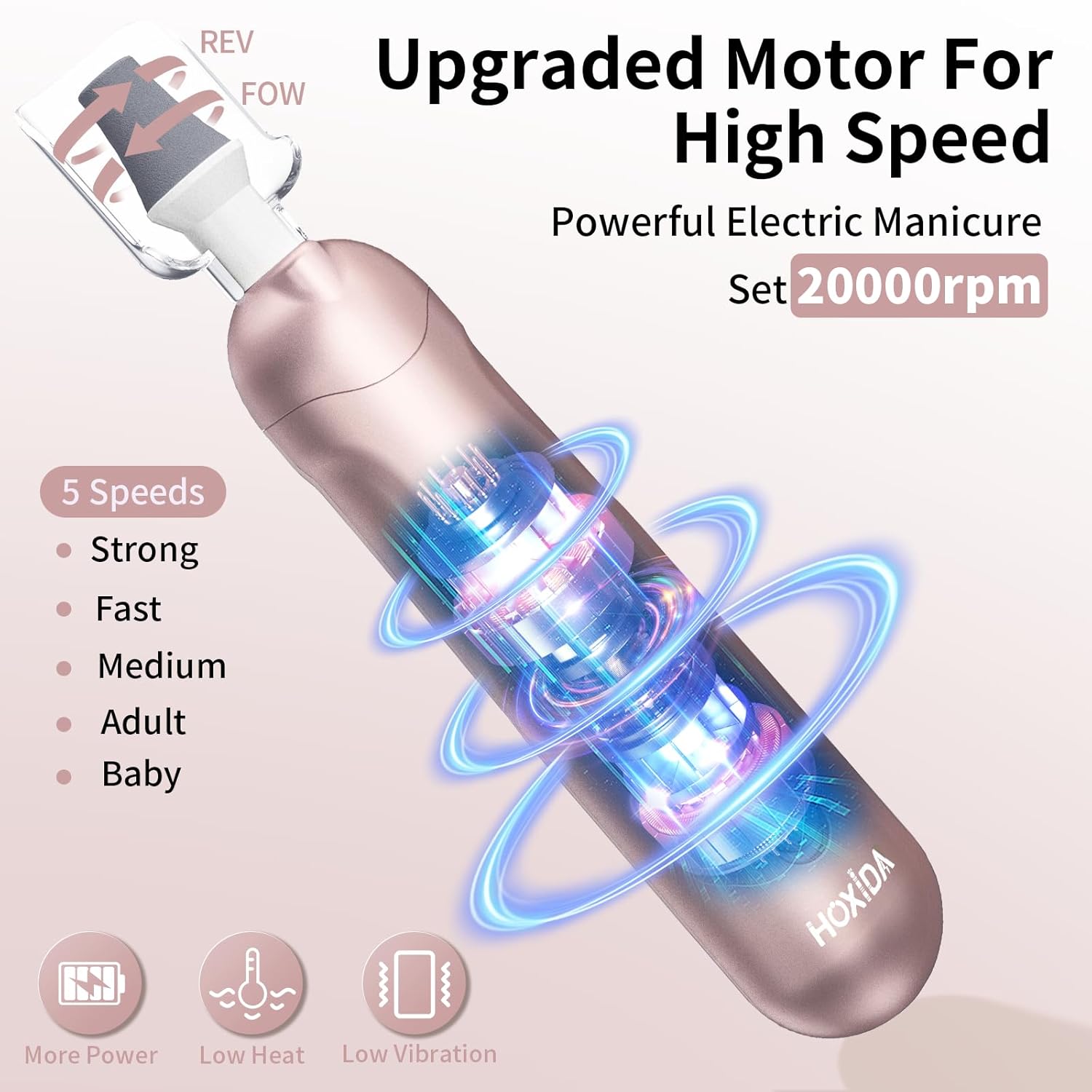 Manicure Pedicure Kit with Case, Professional Nail Grinder for Senior Thick Toenail, Cordless Electric Nail File, 5 Speeds Pedicure Tools for feet Callus Remover, Nail Drill for Women Hand Feet Care - Image 3