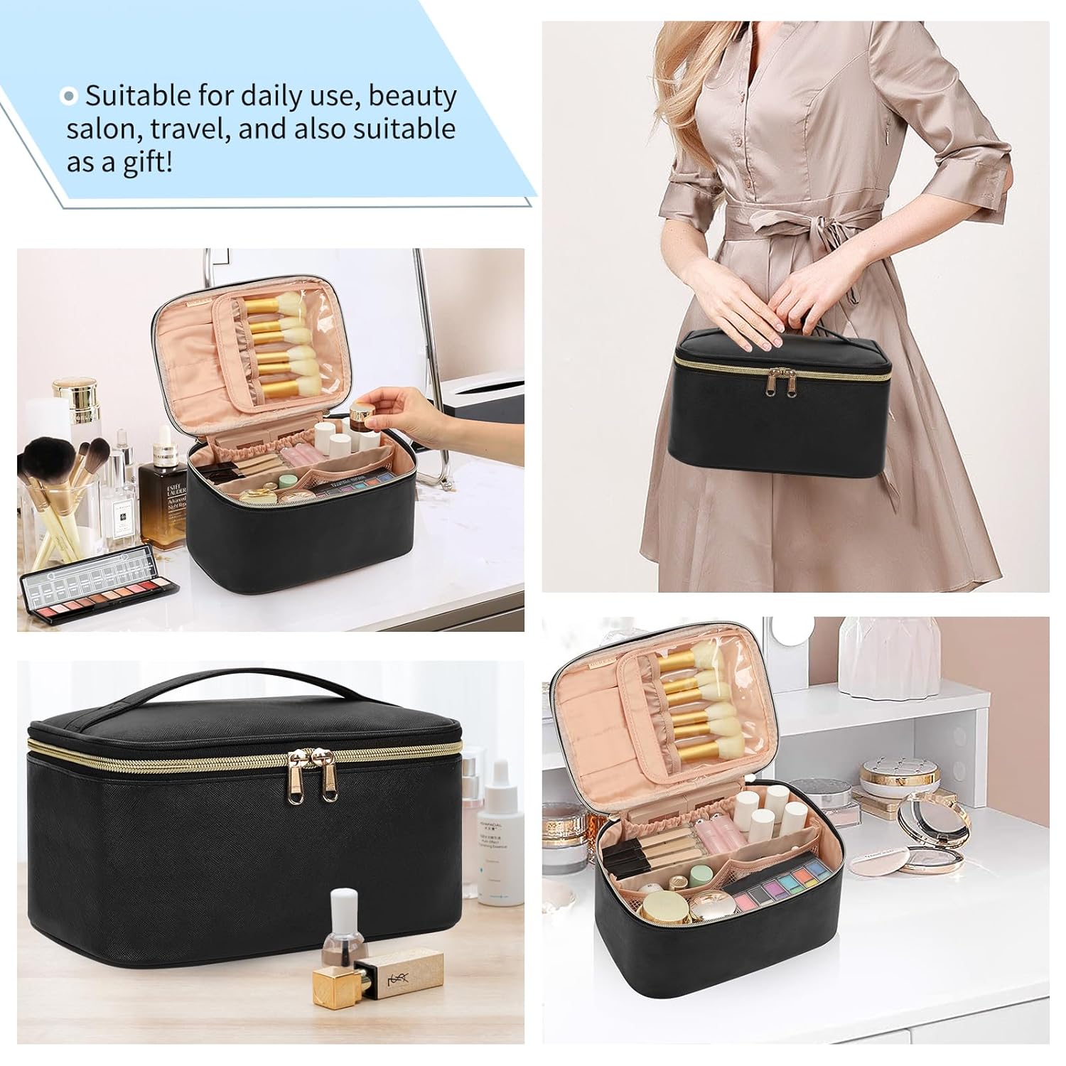OCHEAL Makeup Bag, Portable Cosmetic Bag, Large Capacity Travel Makeup Case Organizer, Black For Women Toiletry Bag for Girls Traveling With Handle and Divider - Image 6