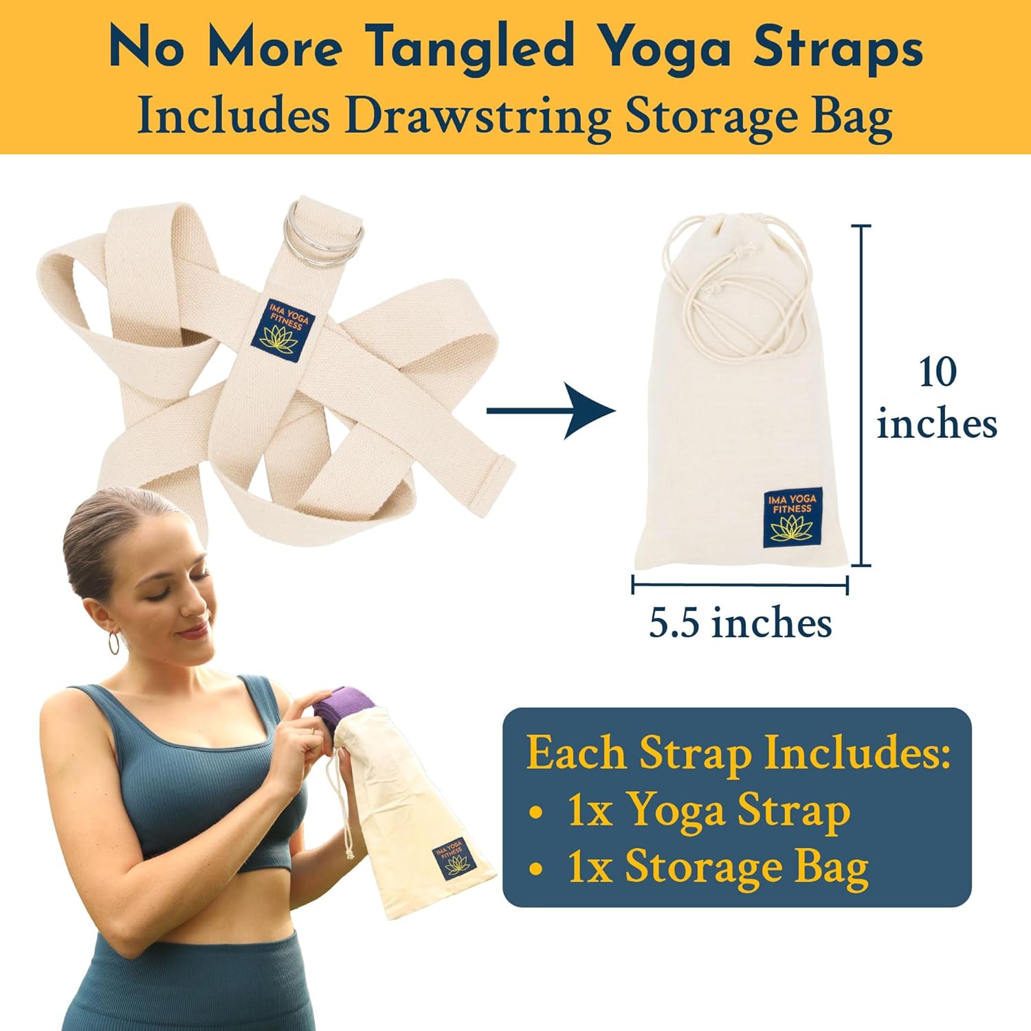 Adaptive Yoga Strap, Stretching Strap, 2 Inches Wide, 100% Naturally Soft Cotton, Steel D-Rings, Includes Natural Cotton Drawstring Storage Pouch and Instructional E-Book - Image 6