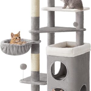 Feandrea Cat Tree, 60-Inch Cat Tower, Multiple-Level Plush Condo with 2 Caves, 3 Scratching Posts, 3 Perches, Dove Gray UPCT007G01