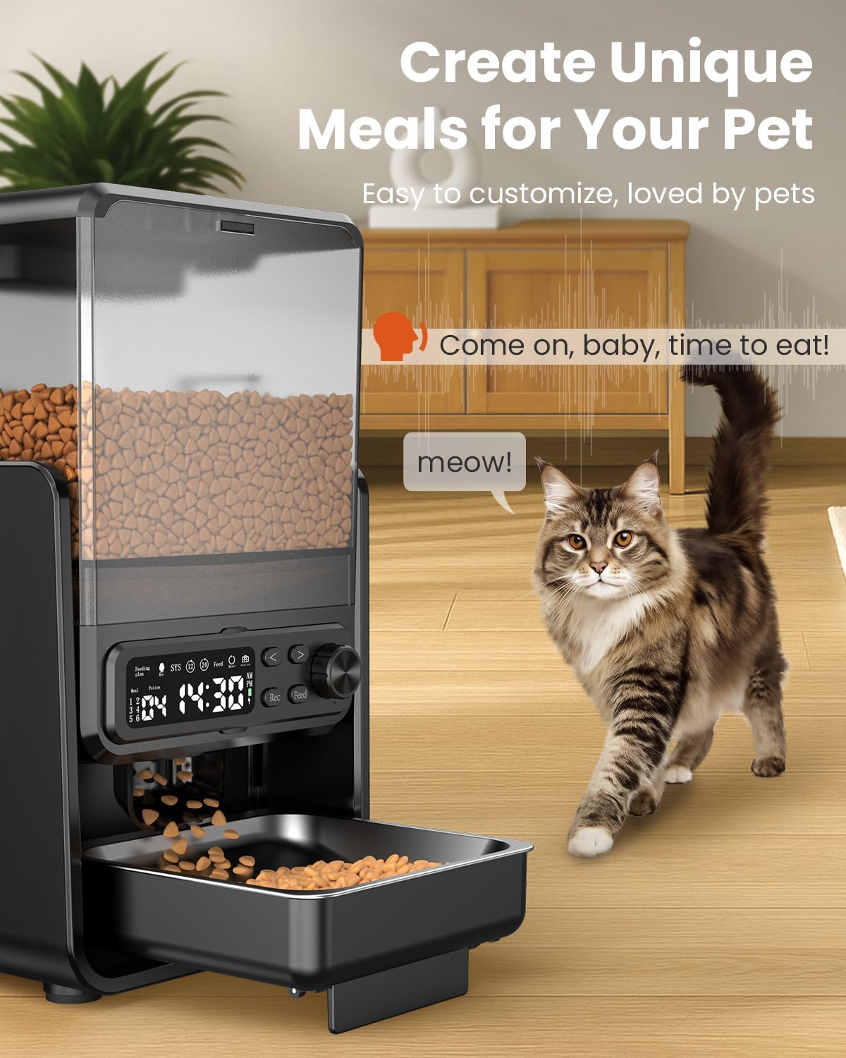 Automatic Cat Feeder for 2 Cats, 5L/20 Cups Food Dispenser with Adjustable Raised Double Bowls, Detachable Control Panel, Timed Cat and Dogs Feeder for Dry Food, Dual Power Supply - Image 5