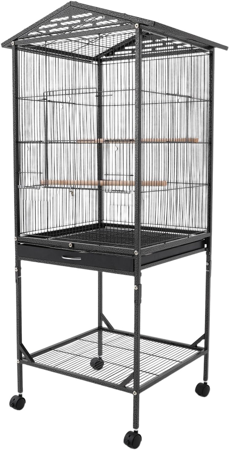 Extra Large Bird Cage, 49Inch Wrought Iron Bird Cage 360° Full Hollow Design with Universal Wheels for Parakeets Canaries Cockatiels Lovebirds 18.11×18.11×49.21 Inch (Black)