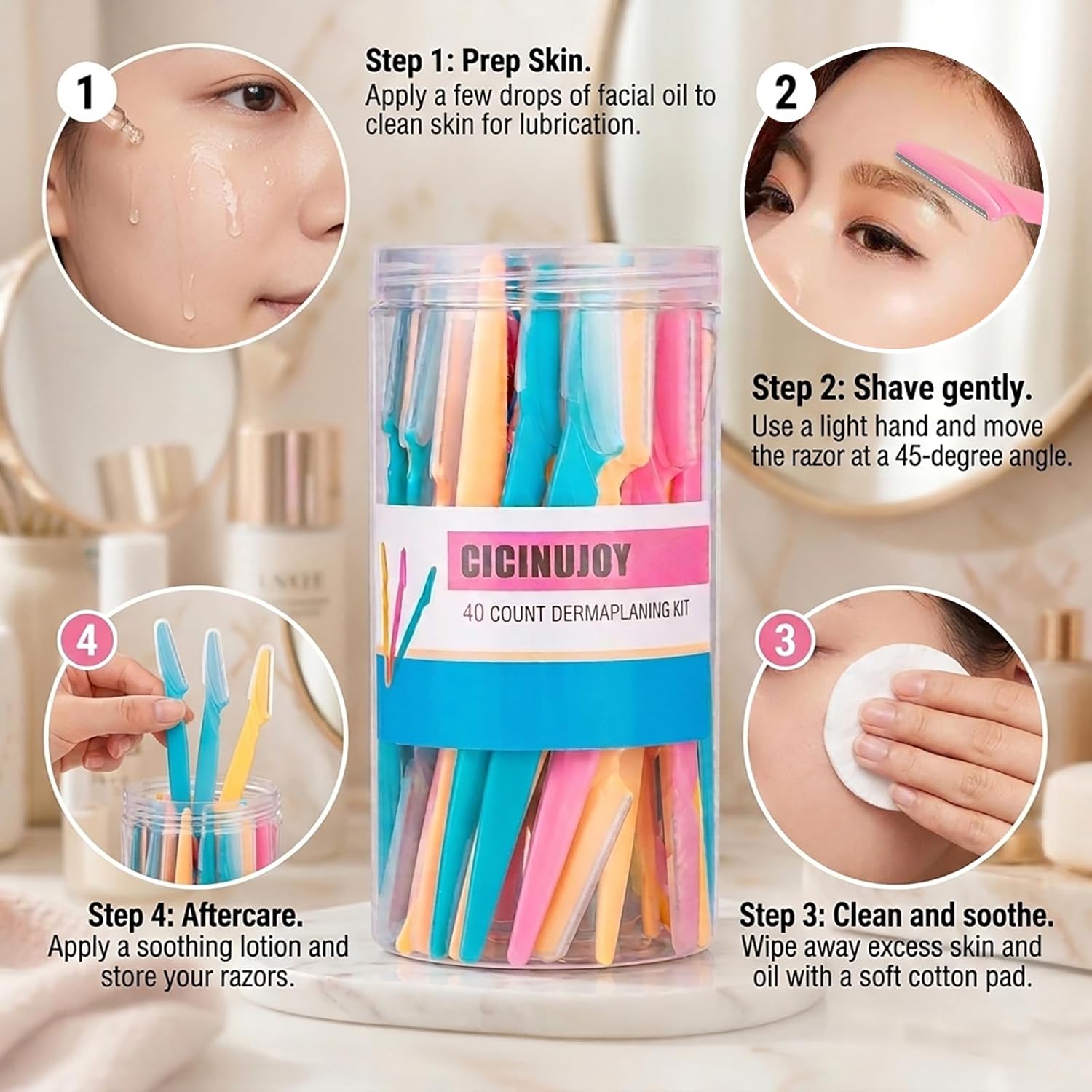 40pcs Eyebrow Razor for Women, Face Shaver Kit Dermaplaning Tool for Peach Fuzz Removal, Stainless Steel Blades with Protective Covers | Eyebrow Trimmer, Facial Hair Removal - Image 3
