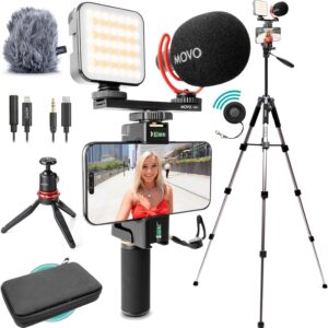 Movo iVlogger-PRO Vlogging Kit with Full Tripod for iPhone/Android – USB-C/Lightning YouTube Starter Kit for Content Creators – Accessories: Phone Tripod, Phone Mount, RGB Light and VXR10 Shotgun Mic