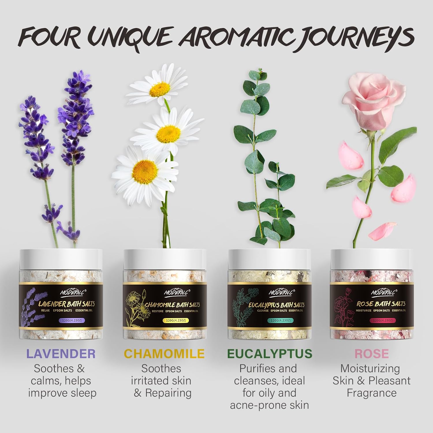 Epsom Bath Salts Gift Set for Soaking 4pcs Bath Salts with Essential Oils for Women Relaxing Lavender Eucalyptus Rose Chamomile Bath Set for Women Luxury Spa Birthday Mother's Day Christmas Gift - Image 3