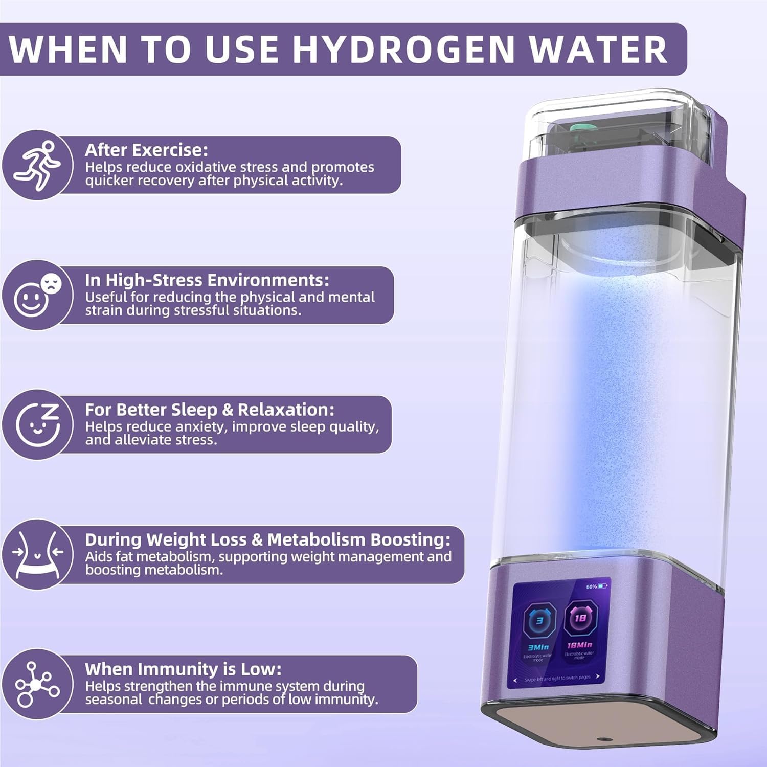Upgraded Hydrogen Water Bottle Deluxe Version, Up to 12000PPB, Smart Touchscreen Control SPE Hydrogen Generator with LED Display Portable Hydrogen Water Generator for Sports/Home/Office - Image 8