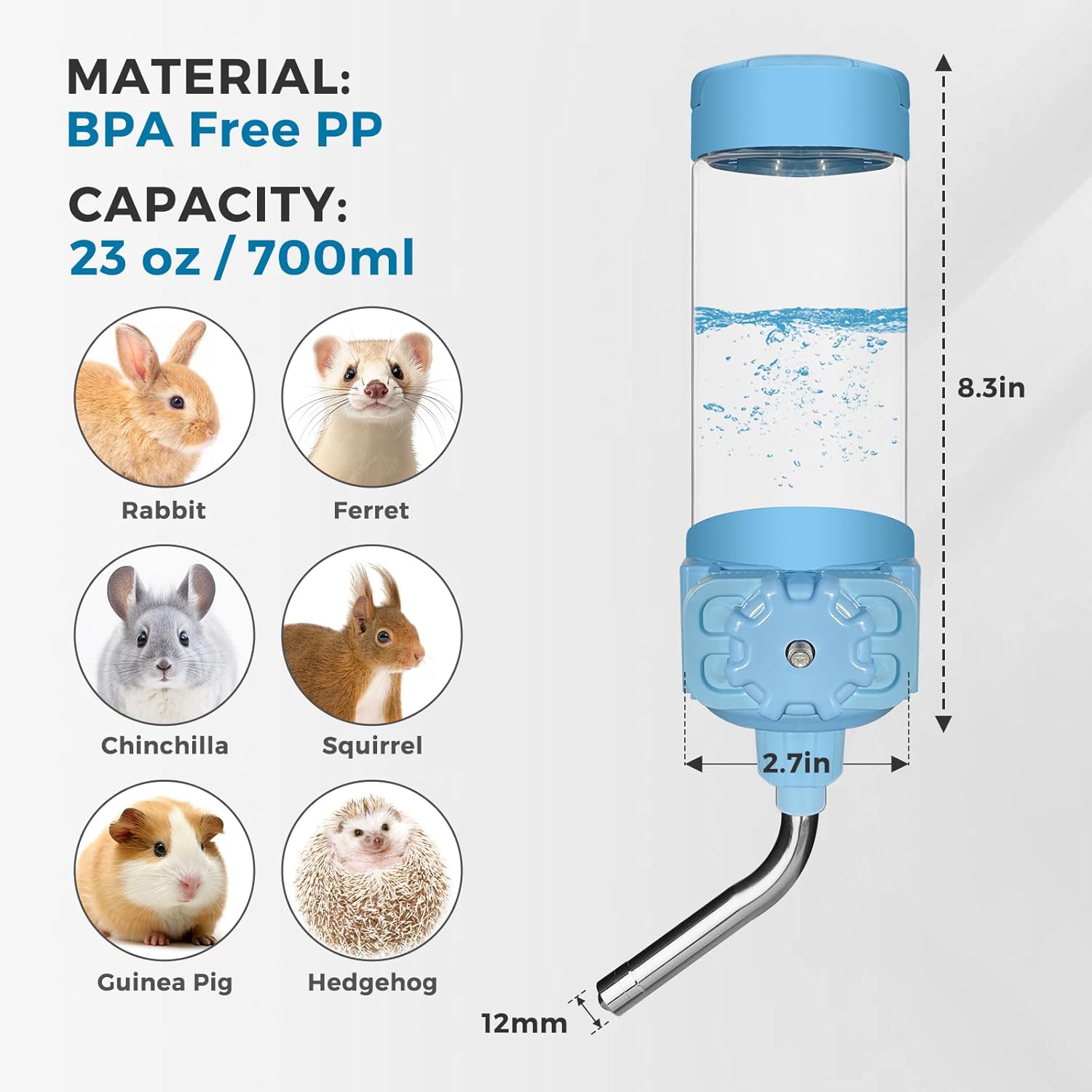 Vannon Top Fill Small Animal Water Dispenser for Cage, 23oz Auto Feeding Crate Water Bottle for Rabbit, Chinchilla, Ferret, Guinea Pig, Squirrel, Hedgehog, Pet Nozzle Diameter: 10mm, BPA Free, Blue - Image 6