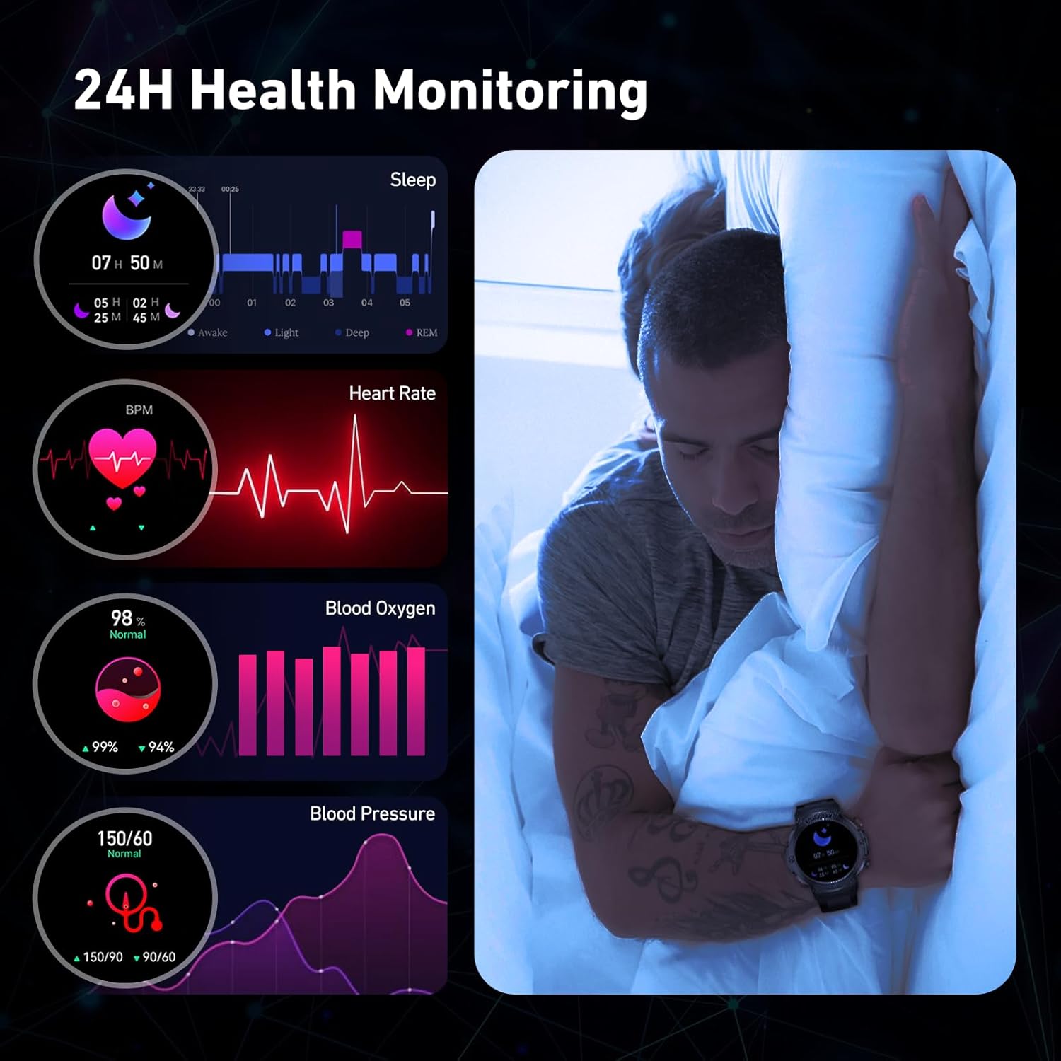Military Smart Watch for Men 1,43" HD AMOLED Display(Answer/Make Call) 420mAh Battery Smart Watches IP68 Waterproof for Android/iOS 100+Sports Modes/Heart Rate/Sleep Silver - Image 6