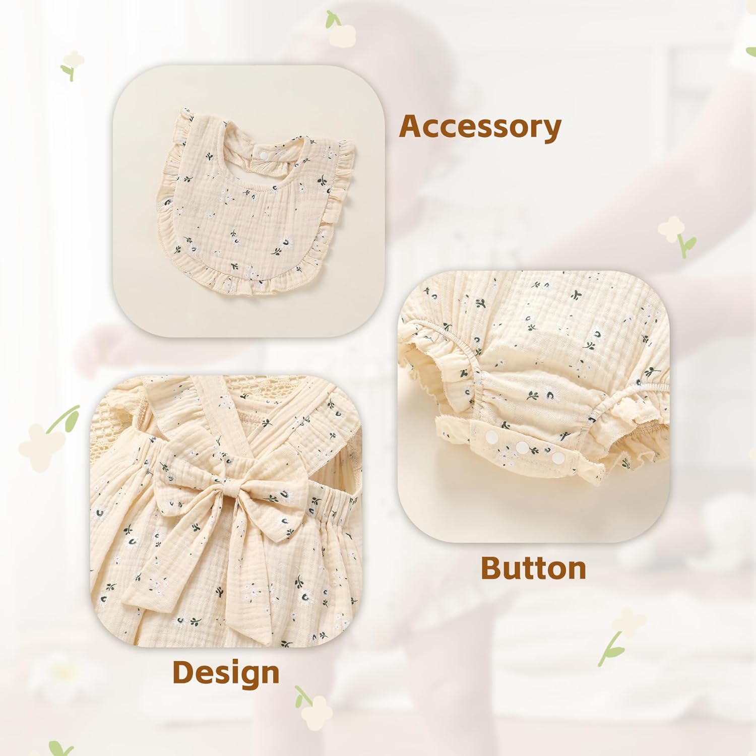 YOUNGER TREE Baby Girl Romper 100% Cotton Ruffle Sleeveless Summer Outfit with Accessory Soft Infant Clothes for Daily Wear - Image 4