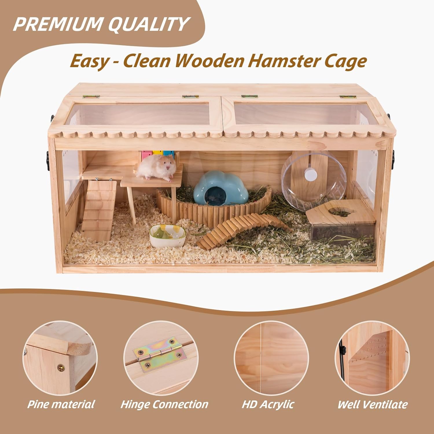 Wooden Hamster Cage,32"x16"Large Hamster Cage,2 Washable Liners & 2 Adjustable Ventilation Window. Small Animal Cage for Dwarf Syrian Hamsters Degus Mice & Other Small Pets. - Image 4