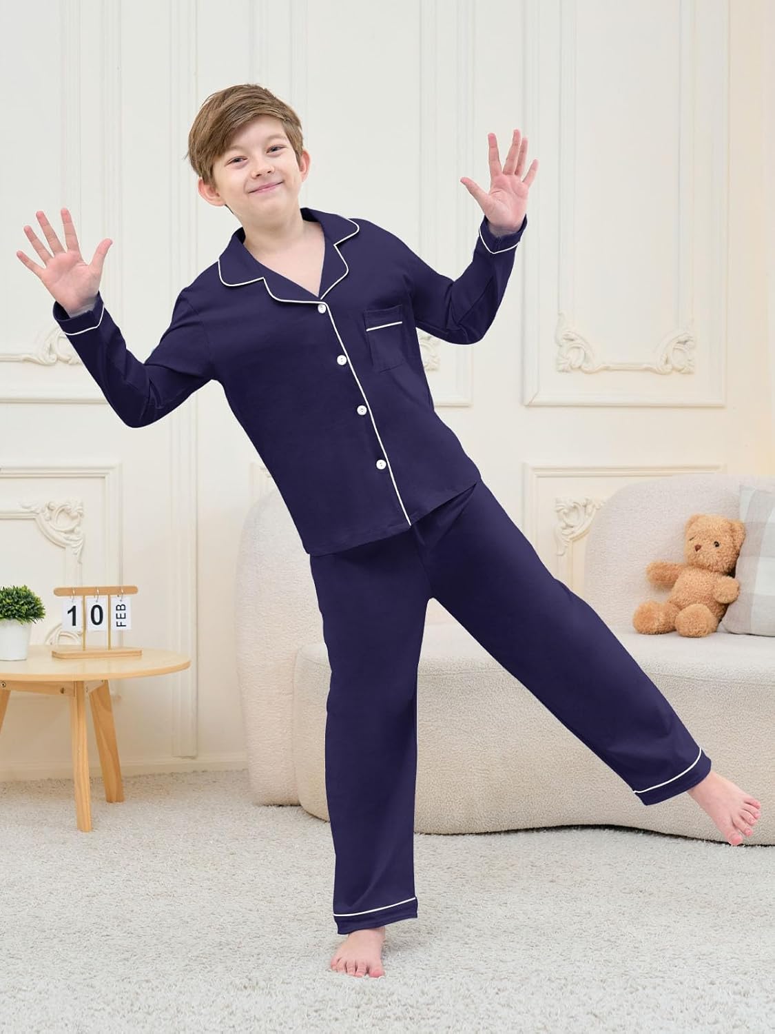 QZH.DUAO Boys Pajamas Set Kids Soft Long Sleeve Top and Pants Sleepwear 2 Pcs Button-Up Comfy Pjs Set for Ages 4-14 - Image 5