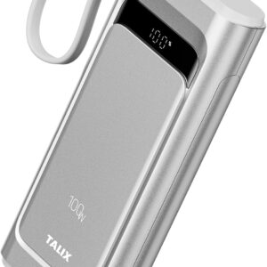 TALIX 100W Laptop Portable Charger,3-Port USB-C Fast Charging Power Bank 10000mAh Battery Pack with Built-in Retractable Cables for MacBook,Computer,Cell Phones,iPhone 17,iPad,Android,Samsung,Silver