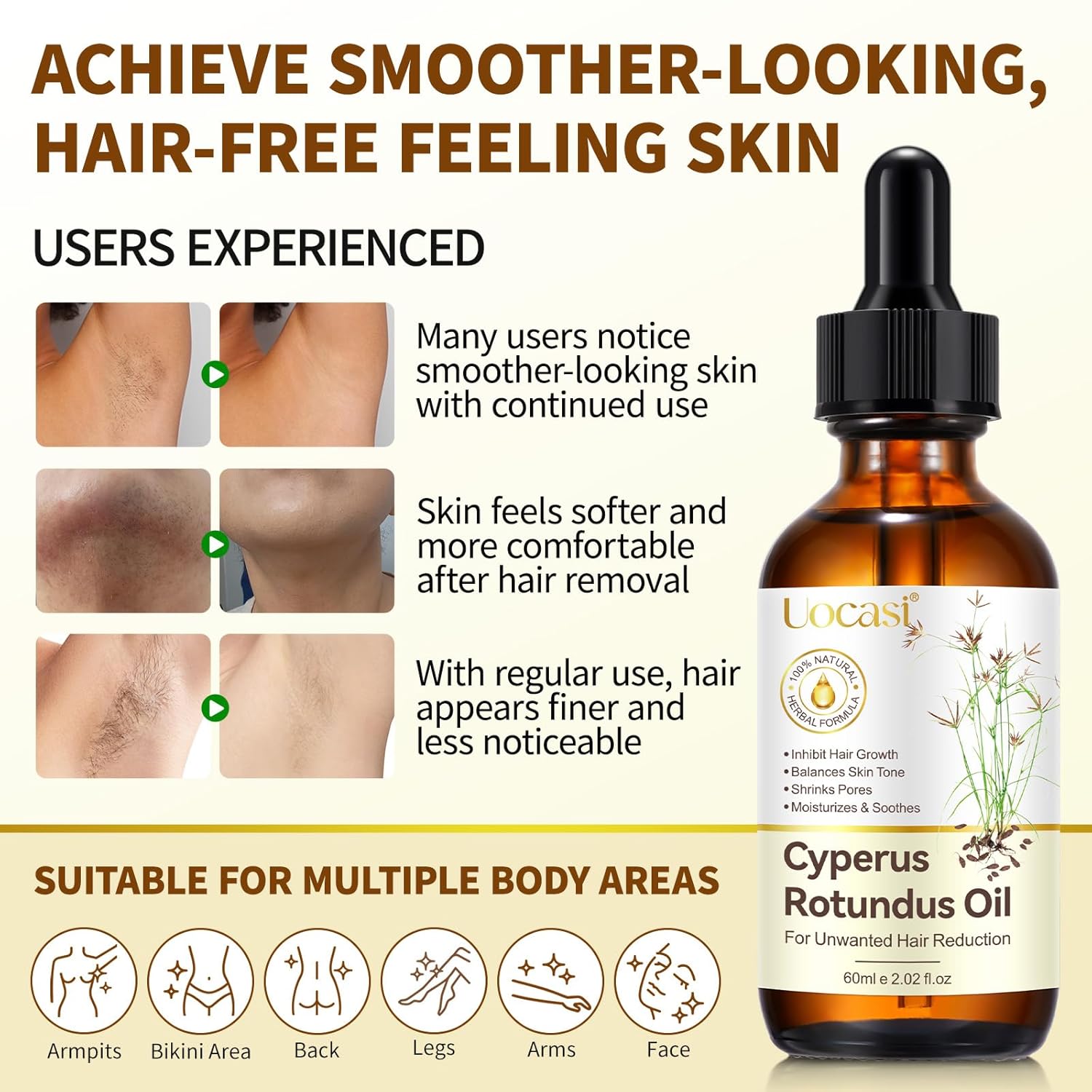 Uocasi Cyperus Rotundus Oil, Cypress Rotundus Oil for Hair Removal, Natural Inhibitor to Reduce Unwanted Hair Growth, Soothes Skin & Minimizes Pores, All Skin Types, 2.02 Oz - Image 3