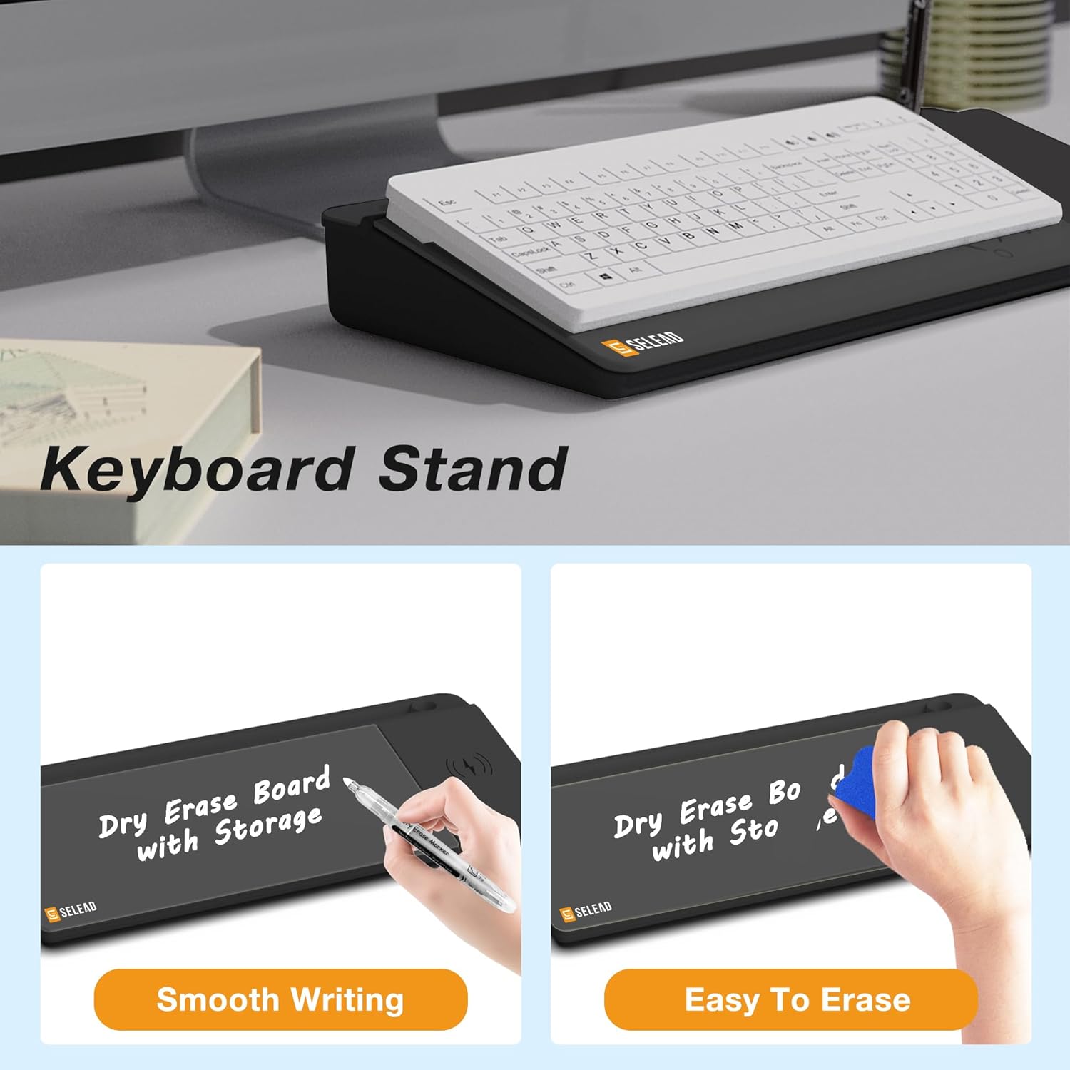 SELEAD Desktop Glass Whiteboard with Wireless Charger Station, Dry Erase Board Computer Pad Keyboard Stand with Organizer for Home, School, Office Desk Accessories, Black - Image 4