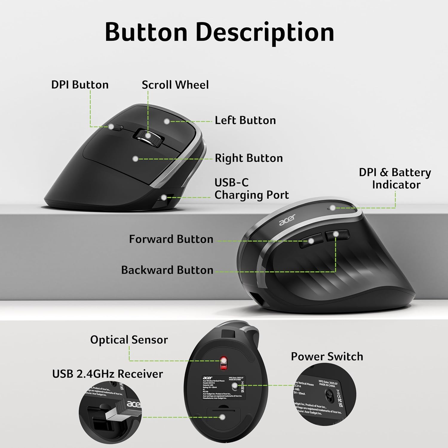 acer Ergonomic Mouse Wireless, Vertical Computer Mouse for Office, Ergo Mice Rechargeable for Medium to Large Sized Hands, 2.4GHz USB Receiver, 800/1200/1600 DPI, 6 Buttons for Laptop, PC and Desktop - Image 9