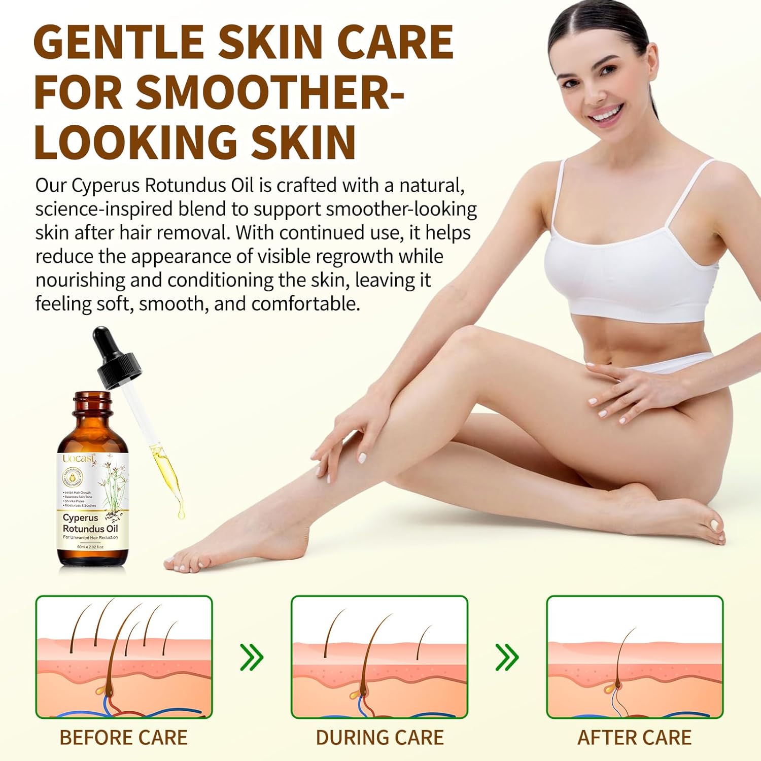 Uocasi Cyperus Rotundus Oil, Cypress Rotundus Oil for Hair Removal, Natural Inhibitor to Reduce Unwanted Hair Growth, Soothes Skin & Minimizes Pores, All Skin Types, 2.02 Oz - Image 7
