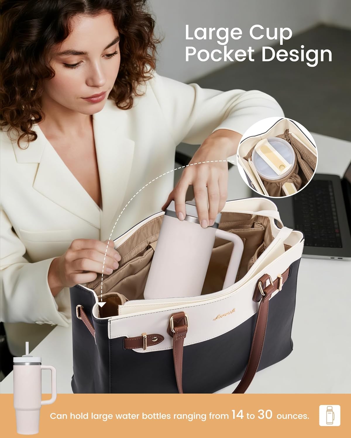 LOVEVOOK Laptop Tote Bag for Women Work, Teacher Tote Bag with Large Cup Holder, Waterproof Leather Computer Bag - Image 3