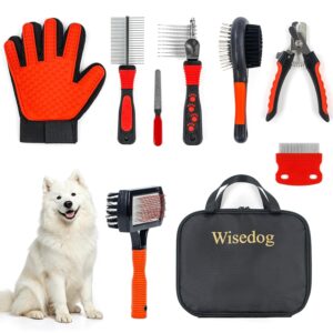 Wisedog Dog Grooming Kit 8PCS – Pin & Bristle Brush, Slicker Brush, Dematting Tool, Nail Clipper, Hair Removal Mitts, Flea Comb for Dogs and Cats (Reddish-black)