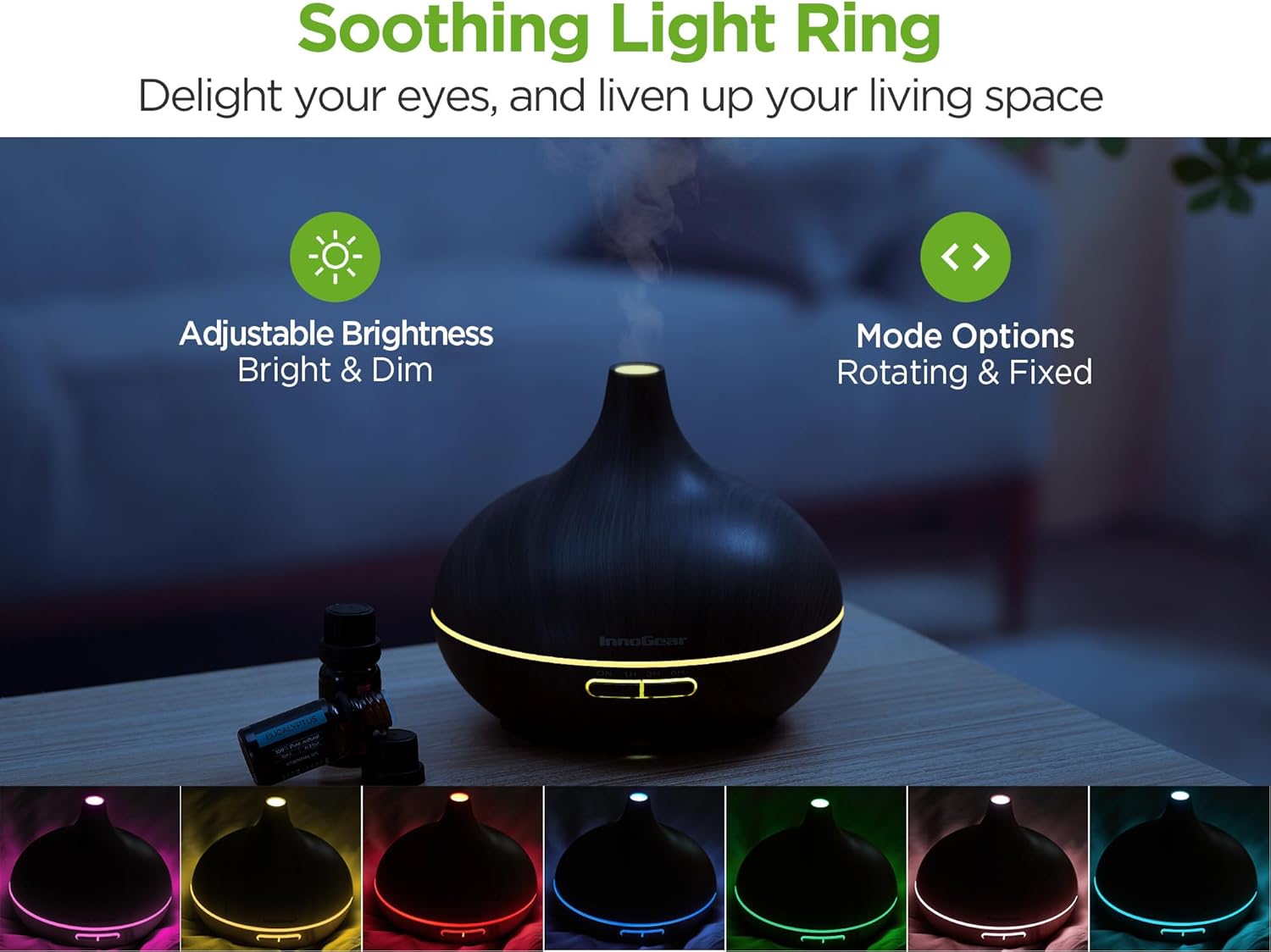 InnoGear Aromatherapy Diffuser & 10 Essential Oils Set, 400ml Diffuser Ultrasonic Diffusers for Home Cool Mist Humidifier with 4 Timers 7 Colors Light Waterless Auto Off, Dark Wood Grain - Image 4