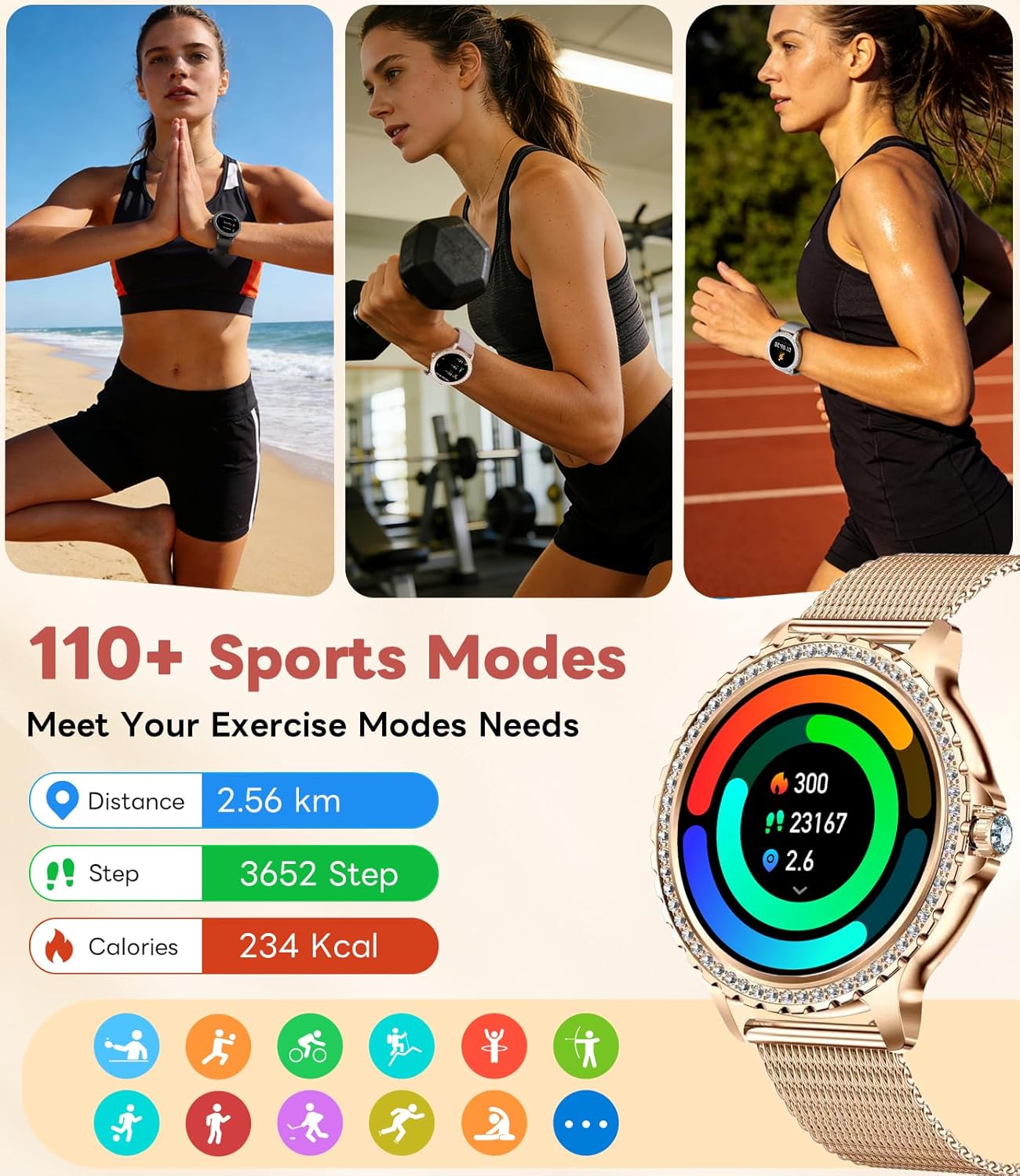 Smart Watch for Women Diamond, Bluetooth Calls, 1.32-inch HD Screen Round Fitness Tracker with Menstrual Cycle/Sleep/Heart Rate Monitor, 100+ Sports Mode, Android/iOS Phone, Rose Gold - Image 6