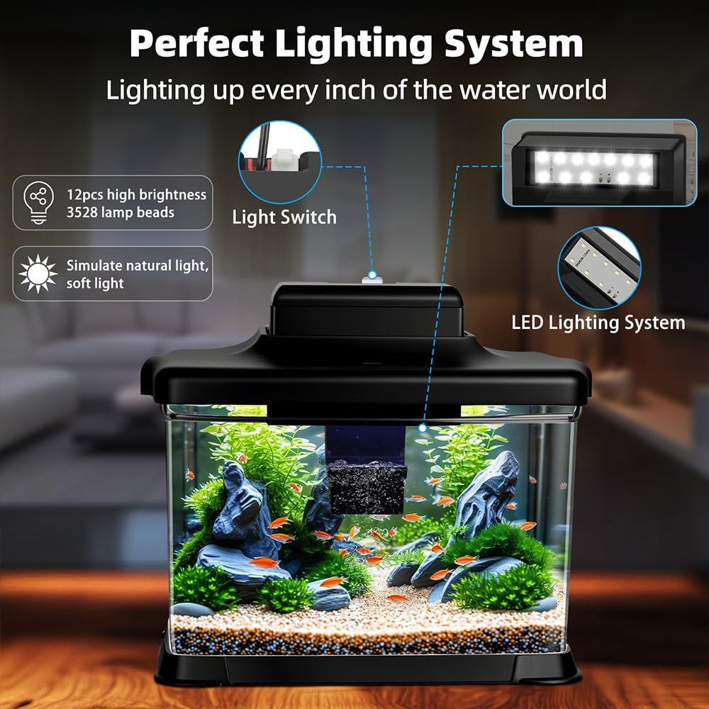 DaToo Small Fish Tank Ultra-Clear 1.6 Gallon Aquarium Starter Kits with LED Lighting and Filter System Beginner-Friendly Mini Betta Aquarium for Small Fish Shrimp Desktop Room Decoration - Image 4