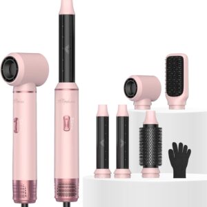 Atopskins 5 in 1 Hair Dryer Brush Set, Detachable Hot Air Styler, Blow Dryer Brush, 3 Heat Settings Auto Curling Wrap Styler, Ionic Hair Styling Tools – Straighten Curl Dry Volumize Smooth (Pink)