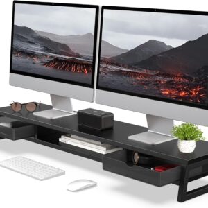 Fenge Dual Monitor Stand, Monitor Riser with Drawer, 42.5 Inch Large Computer Monitor Stand for 2 Monitors, 2 Tier Wooden Desk Shelf for Top of Desk