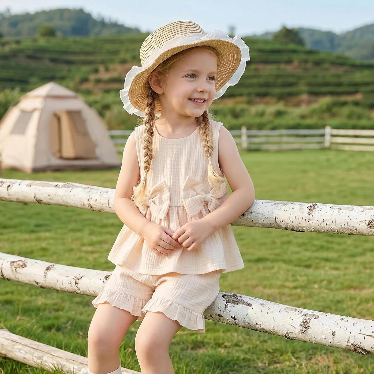 Kupretty Toddler Baby Girl Clothes Summer Linen Outfit Bows Ruffle Vest Shirts + Ruffled Short Set 12 18 24 Month 2T 3T - Image 3