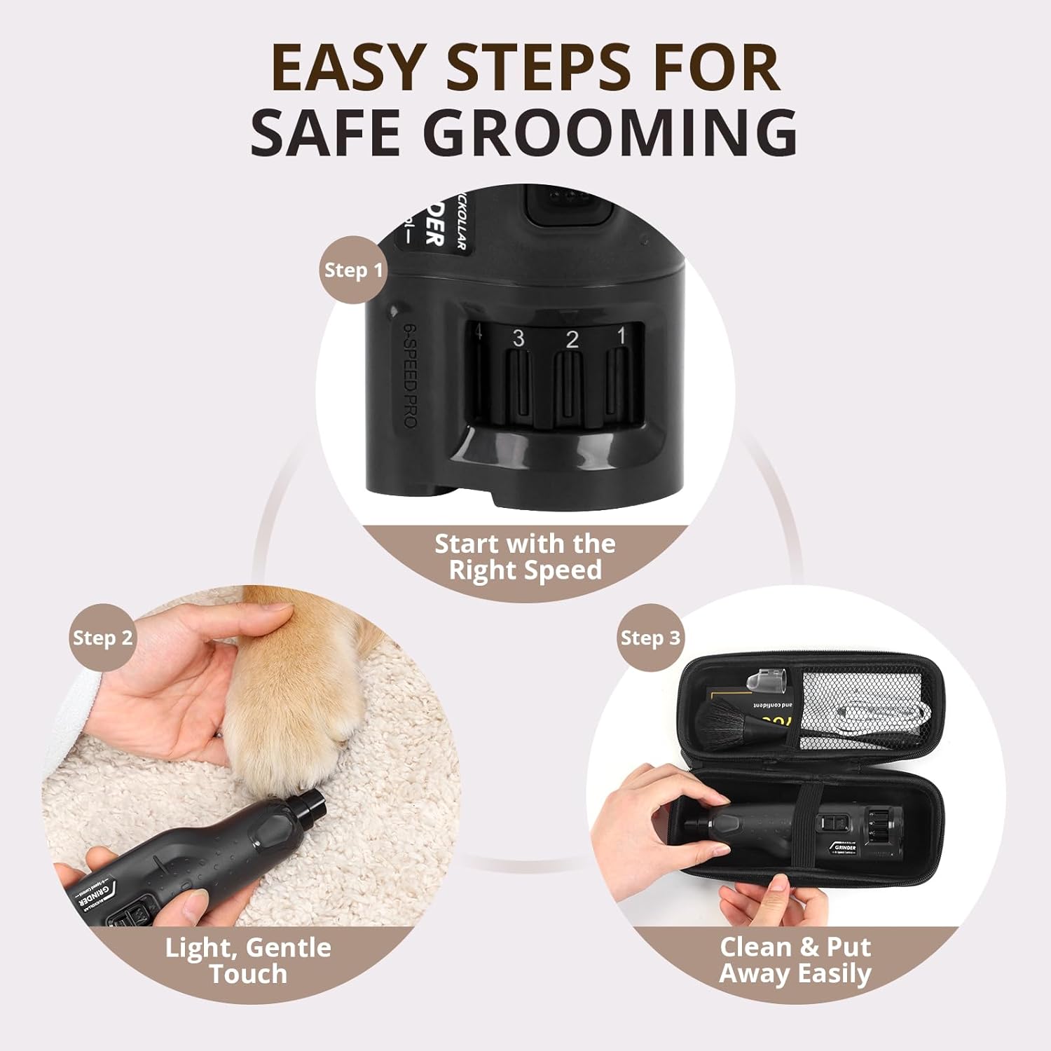 6-Speed Quiet Dog Nail Grinder with LED Light, Low-Vibration Electric Pet Nail Trimmer for Dogs and Cats, Safe Grooming Kit for Beginners, Complete Set with Storage Case - Image 8