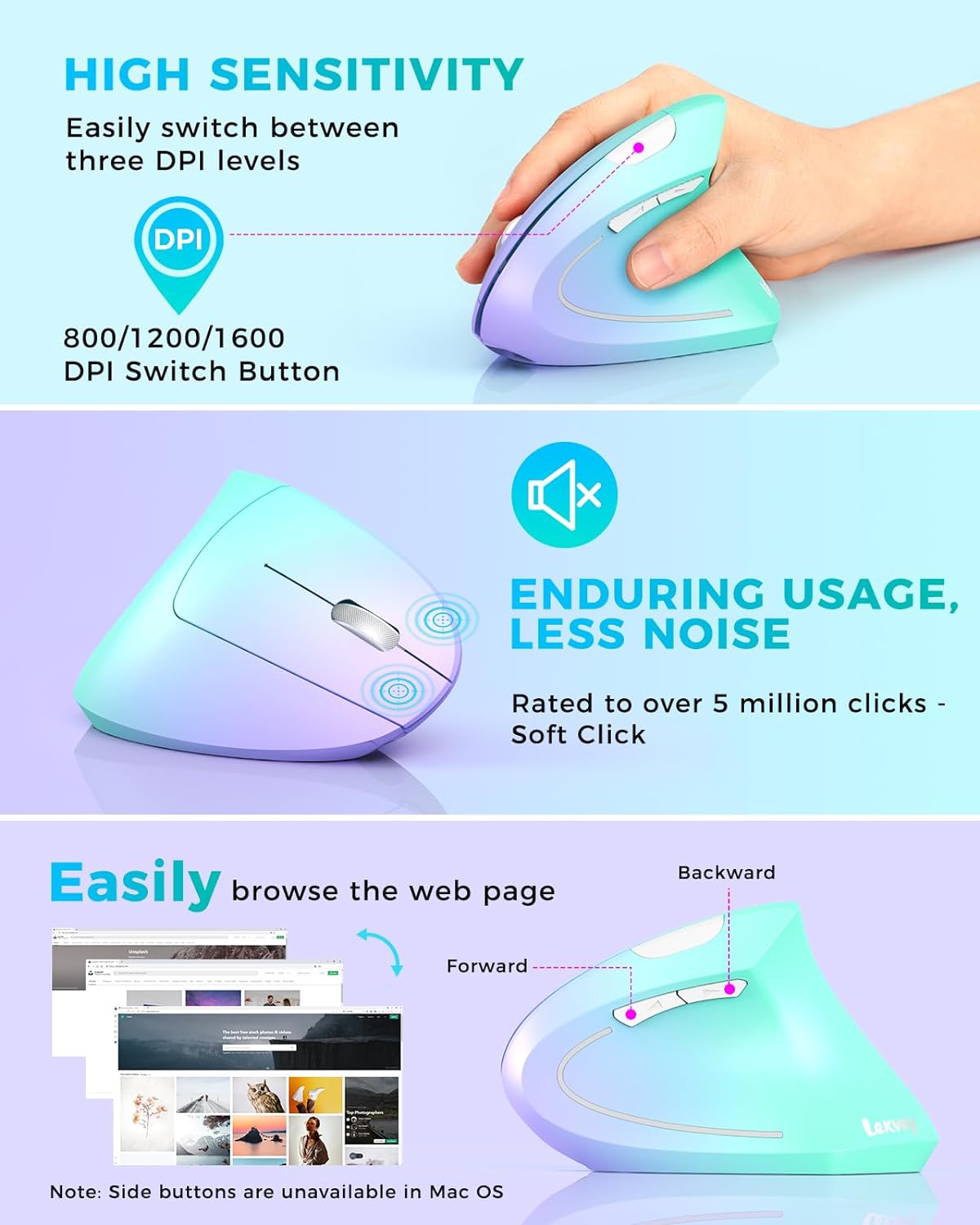 Lekvey Ergonomic Mouse, Vertical Wireless Mouse, Rechargeable 2.4G Optical Carpal Tunnel Mice: 800/1200 / 1600 DPI, 6 Buttons, for Laptop, PC, Mac, Computer, Desktop, Notebook etc, Green Purple - Image 5