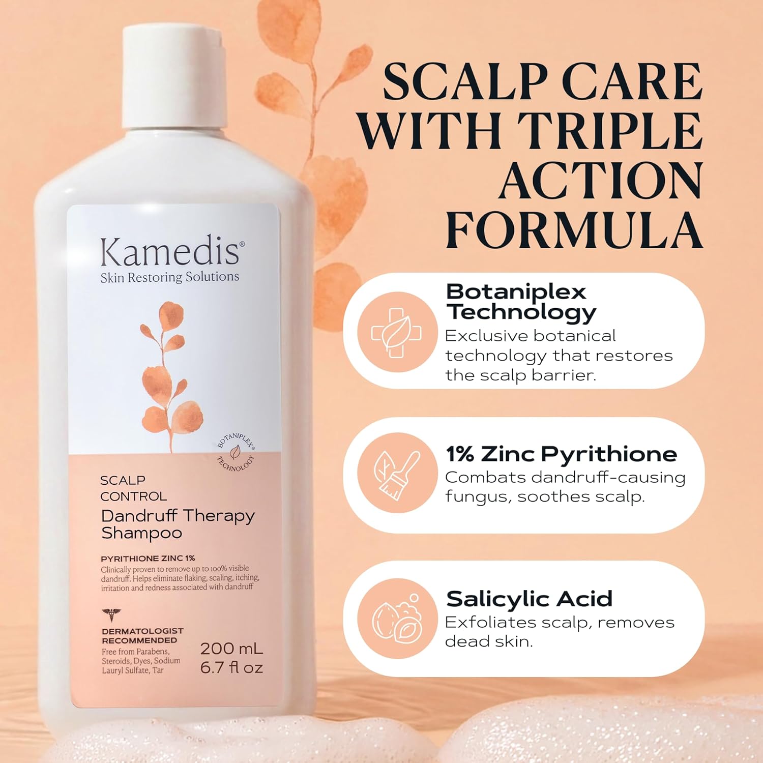 KAMEDIS Anti Dandruff Shampoo, Triple Power Formula: 1% Zinc Pyrithione, Salicylic Acid & Soap Nut Pure Extract. Itch, Flaky & Seborrheic Dermatitis Relief. Unisex. Parabens & Dyes Free. 16.9 Fl Oz - Image 2