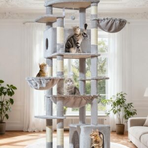 Taoqimiao 72 Inch Cat Tree, XXL Cat Tower for Indoor Cats Large Adult 25Lbs+, Extra-Large Platform, 2 Cat Houses, 7 Scratching Post, Extra-Sized Durable Hammock, Cozy Basket, Light Gray, F20W