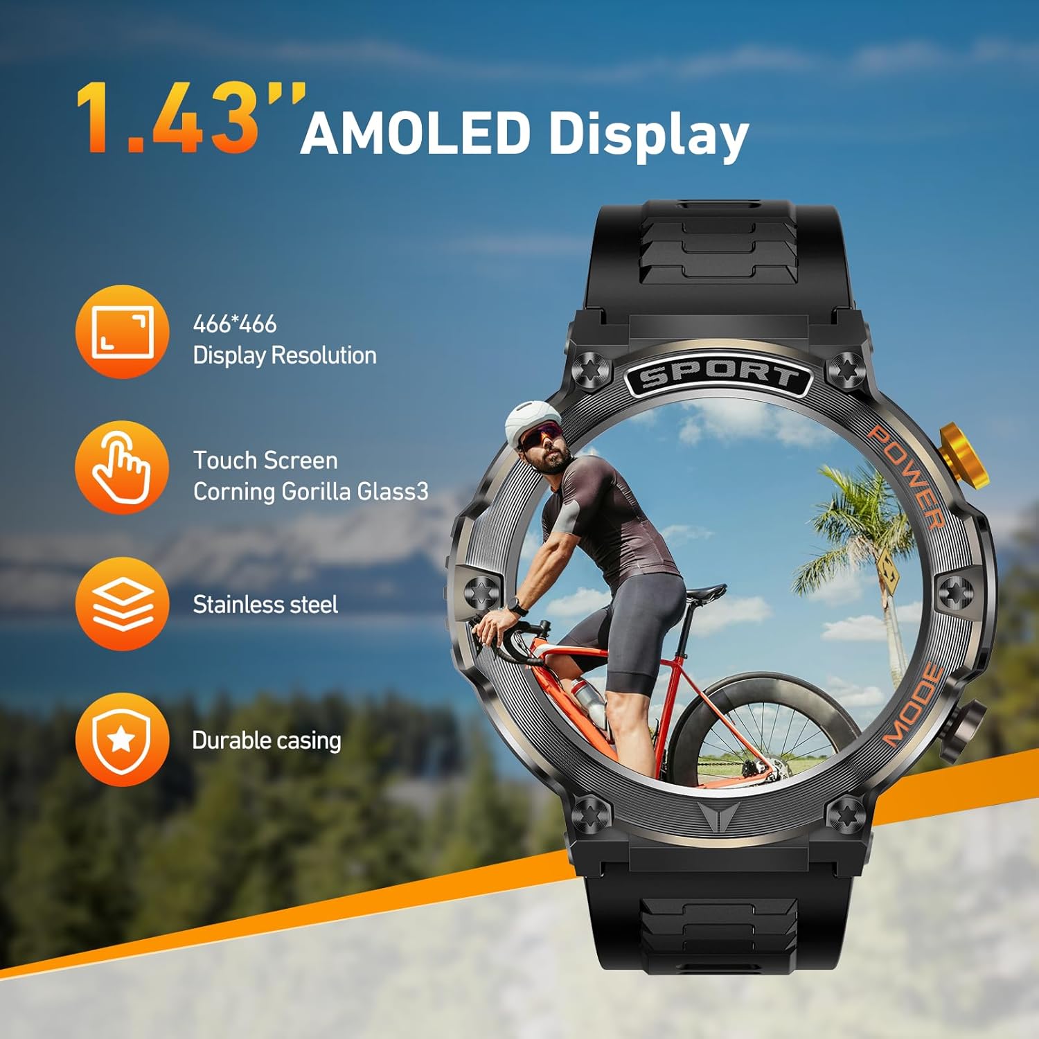Military Smart Watch for Men 1,43" HD AMOLED Display(Answer/Make Call) 420mAh Battery Smart Watches IP68 Waterproof for Android/iOS 100+Sports Modes/Heart Rate/Sleep Silver - Image 2