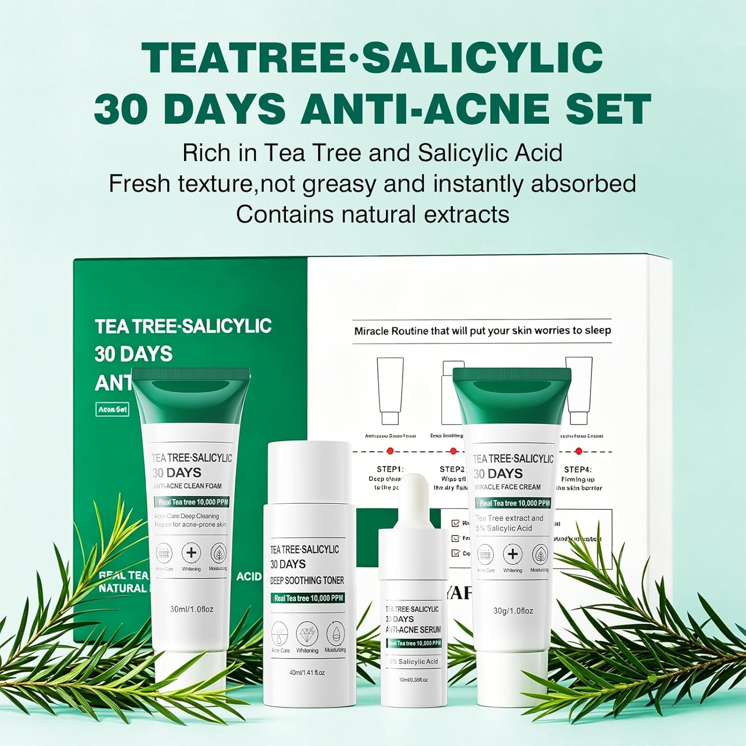 Tea Tree Salicylic Acid Facial Skin Care Set & kits, Mini Travel Size Set for Acne Prone Skin - Cystic Hormonal Acne Treatment with Face Cleanser Toner Serum Cream Moisturizer Gifts for Women - Image 4
