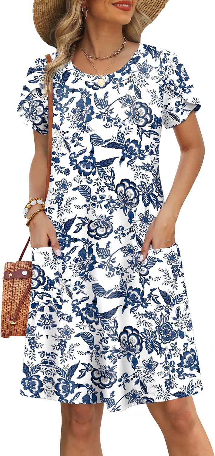 OFEEFAN Womens Summer Dresses 2026 Tulip Petal Short Sleeve Crew Neck Casual Dresses with Pockets S-3XL - Image 2