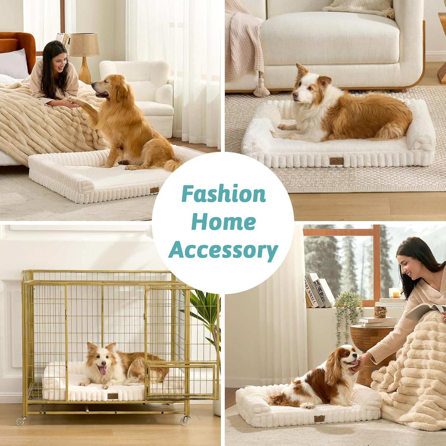 COZY KISS Cute Dog Bed for Medium Dogs, Faux Rabbit Fur Orthopedic Foam Dog Bed with Sides, Removable Washable Cover & Waterproof Lining, Comfortable Pet Couch, Cream (36" L x 27" W x 6.5" Th) - Image 4