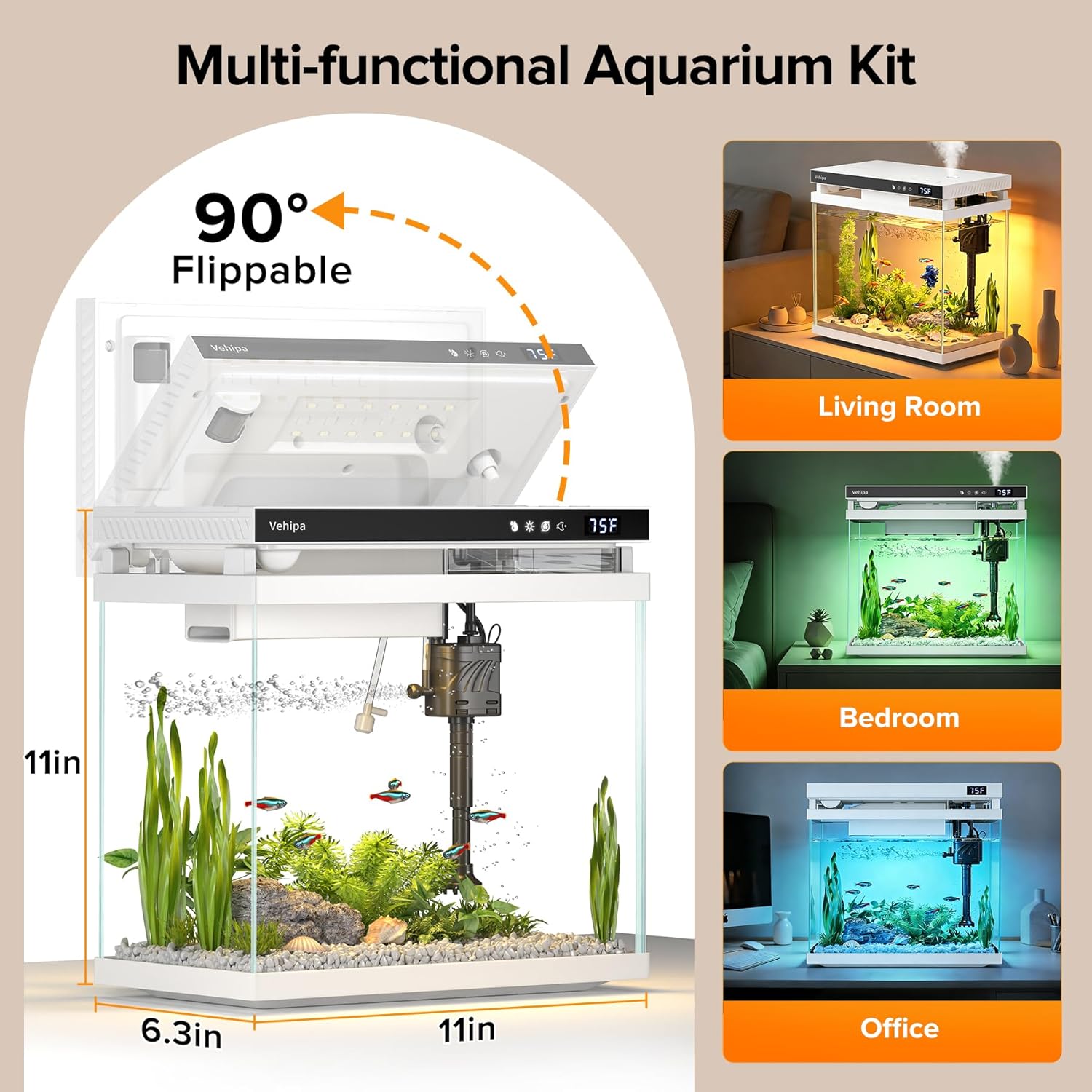 Vehipa Fish Tank Aquarium, 2.2 Gallon Smart Fish Aquarium Kits with Auto Feeder, Silent Water Pump, Temperature Display, Smart Humidifier & 7-Color Lighting, for Office & Home - White - Image 6