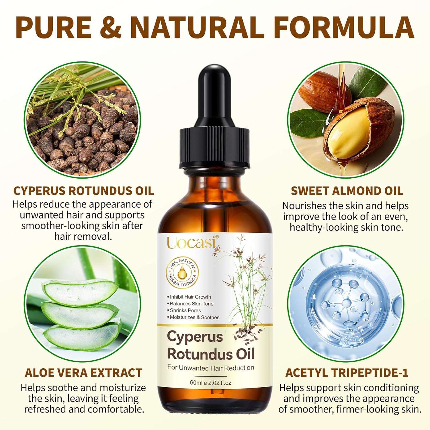 Uocasi Cyperus Rotundus Oil, Cypress Rotundus Oil for Hair Removal, Natural Inhibitor to Reduce Unwanted Hair Growth, Soothes Skin & Minimizes Pores, All Skin Types, 2.02 Oz - Image 2