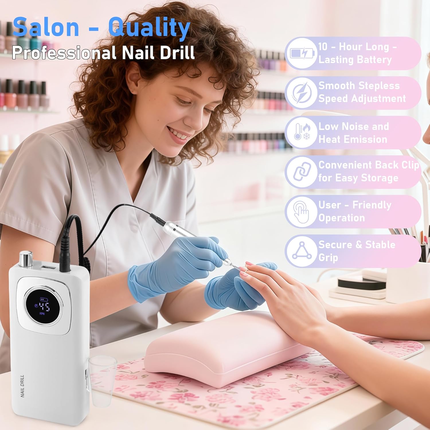 Portable Electric Nail Drill Professional 45000 RPM, Rechargeable Electric Nail File Machine Kit for Acrylic Gel Nails Polishing Removing, Quiet E-File with Bits for Manicure Salon Home - Image 7