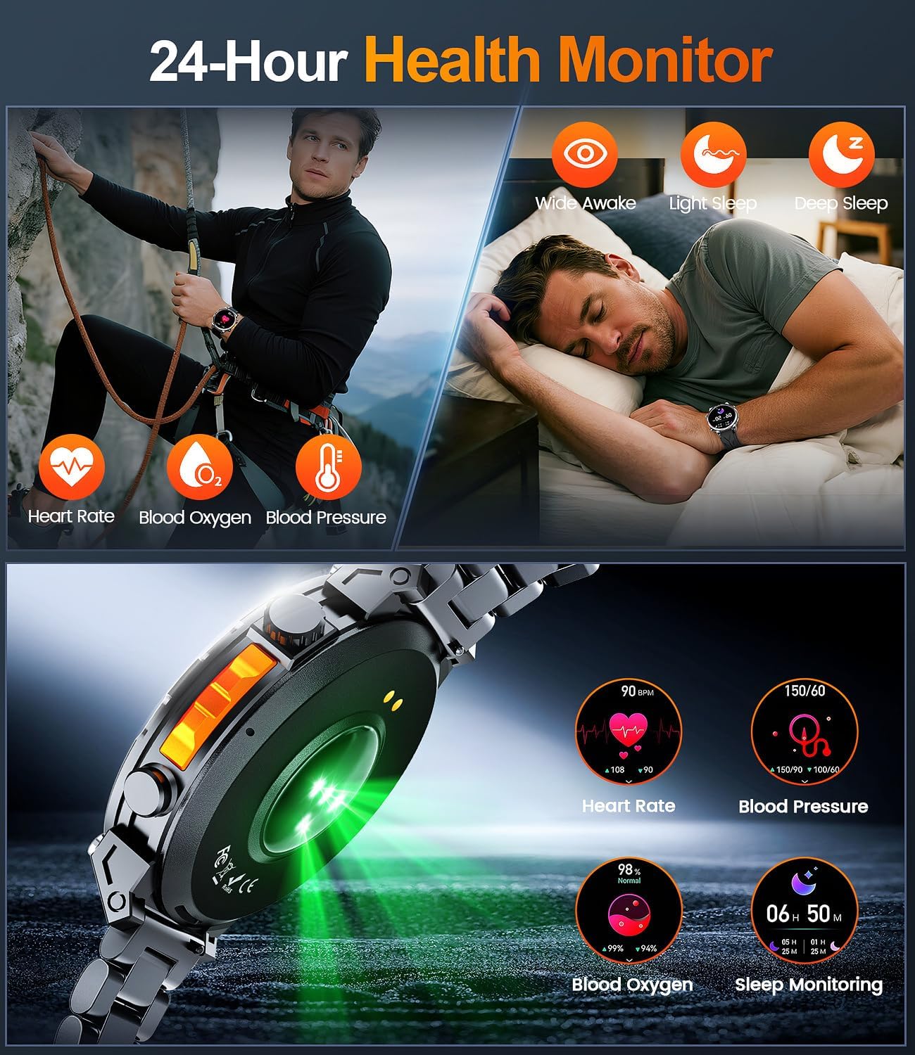 Military Smart Watches for Men GPS, 1.56" AMOLED Screen Bluetooth Call, Smartwatch for Android Phones and iPhone, 100+ Sport Modes, 3ATM Waterproof Smart Watch with Compass - Image 4