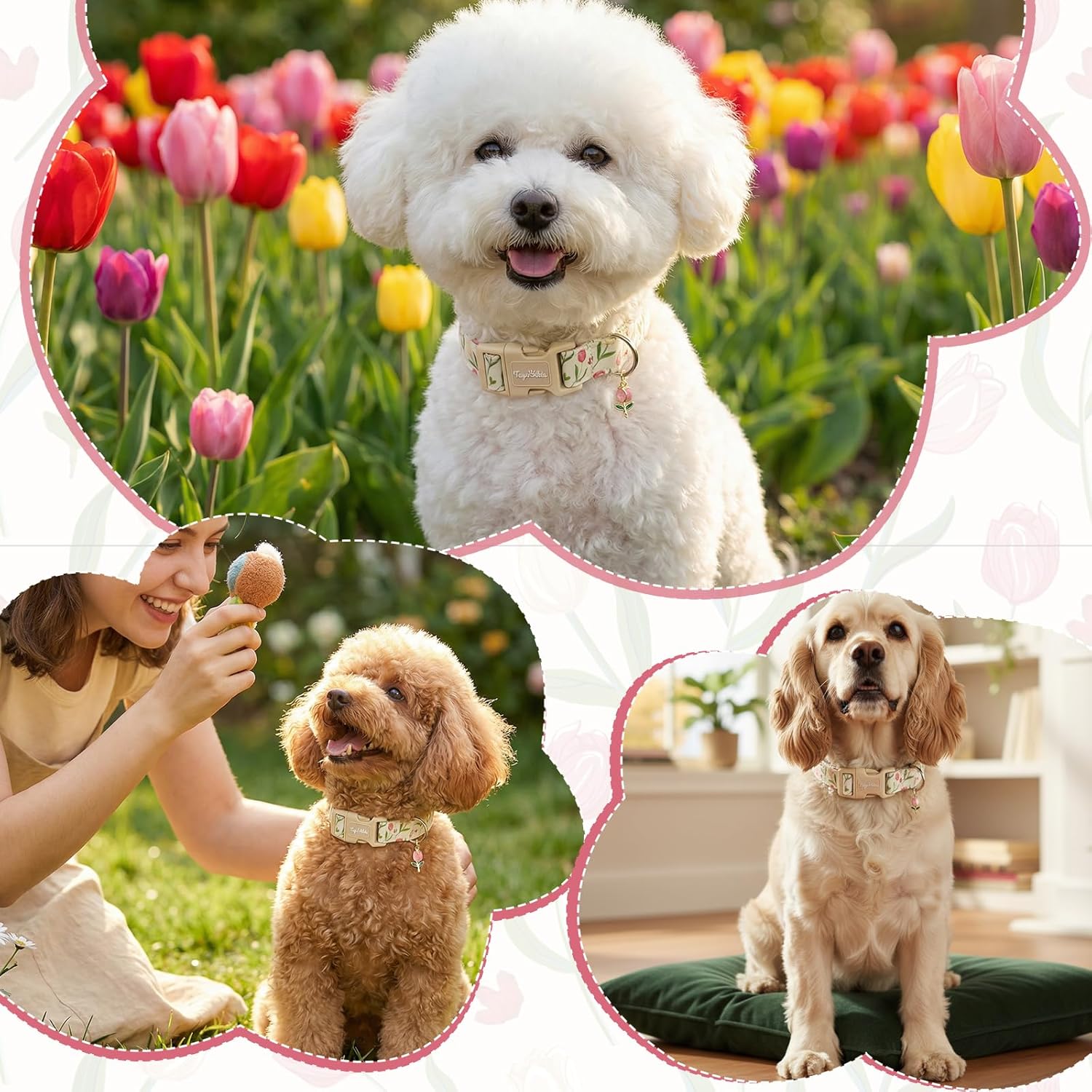 Dog Collar with Tulip Patterns, Spring Summer Collection Dog Collar with Exquisite Pendant, Durable Adjustable Collars for Gifts & Daily Use-S - Image 5
