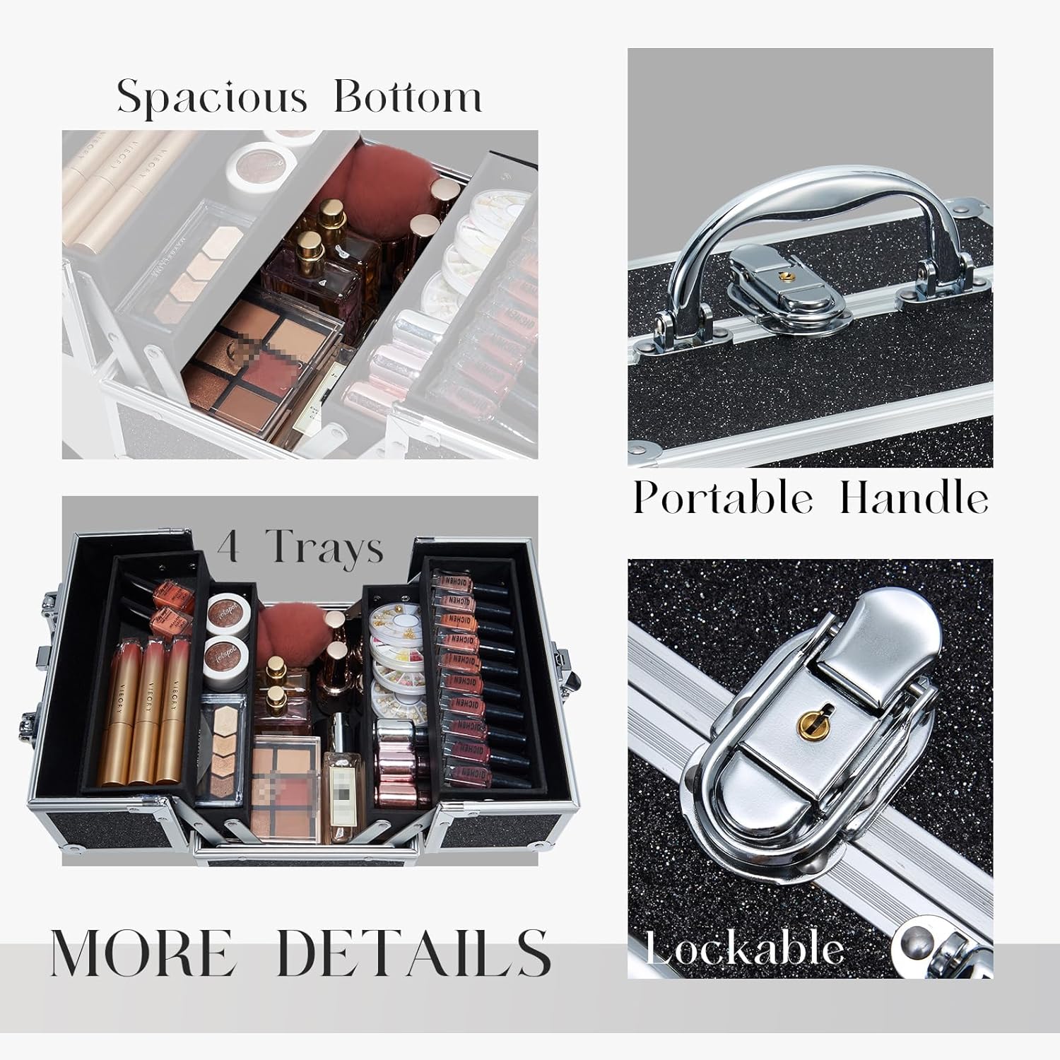 FRENESSA Makeup Train Case Portable Makeup Case Organizer Cosmetic Box Make Up Box Makeup Organizer Cosmetic Storage Cases with Locking Nail Kit Organizer Travel Case Black - Image 5