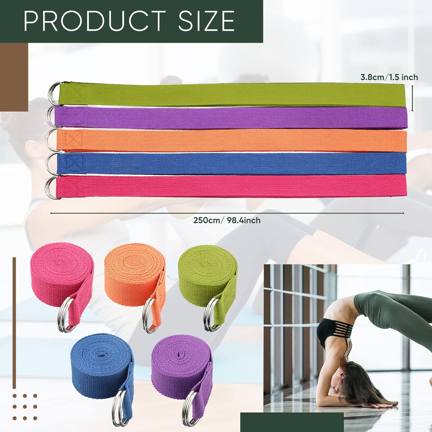 10 Pcs Yoga Strap 8ft Yoga Stretching Exercise Band Stretching Belt with Adjustable Metal D Ring Buckle Loop for Pilates, Dance, Physical Therapy, Gym Workout - Image 2