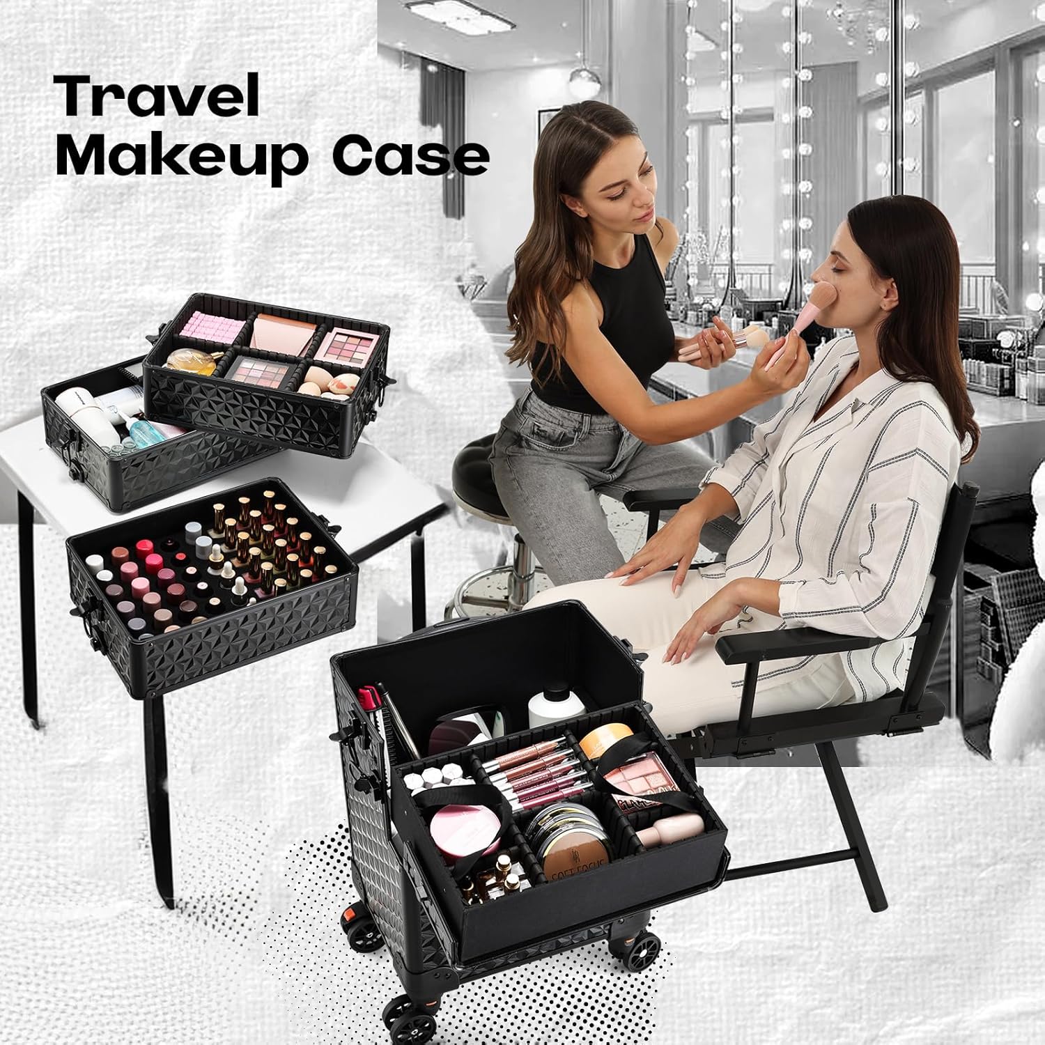 Yueieoun 5 in 1 Makeup Train Case, Cosmetology Case on Wheels Travel Make up Case Rolling Nail Cart Makeup Organizer Cosmetic Storage Box Cases Extra Large Trolley Truck with 360° Swivel Wheels, Black - Image 4