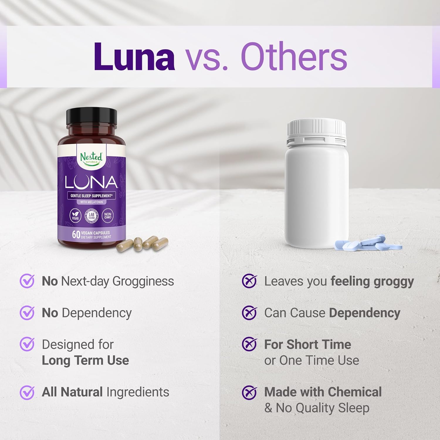 Nested Naturals Luna Sleep Aid - Non-Habit Forming Natural Sleeping Pills for Adults with Naturally Sourced Ingredients - Valerian Root, Melatonin, Chamomile, Lemon Balm, & More - 60 Vegan Capsules - Image 6