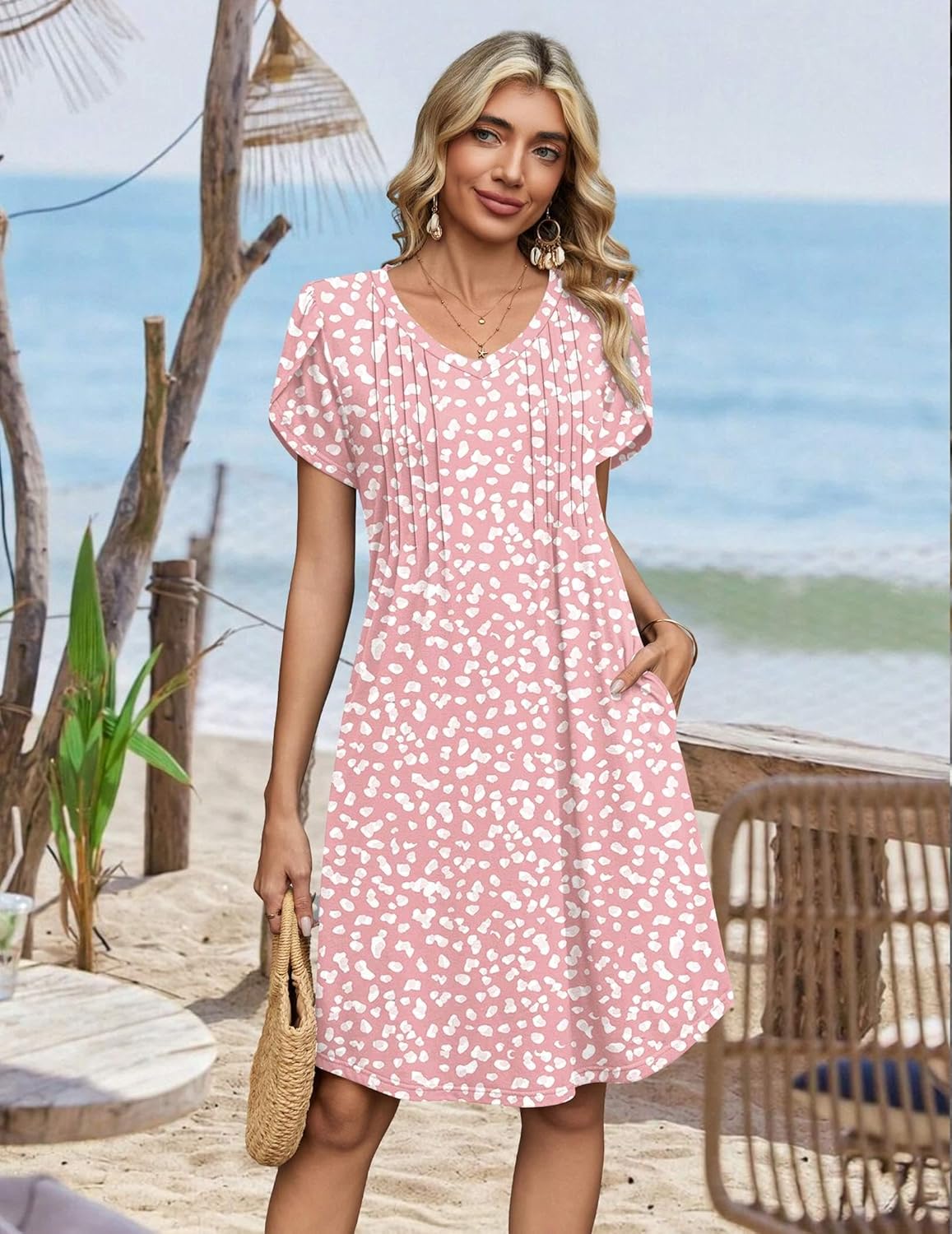 Zeagoo Summer Dresses for Women Casual A Line Dress 2026 V Neck Short Dresses Floral Sundress Pleated Boho Dress - Image 5