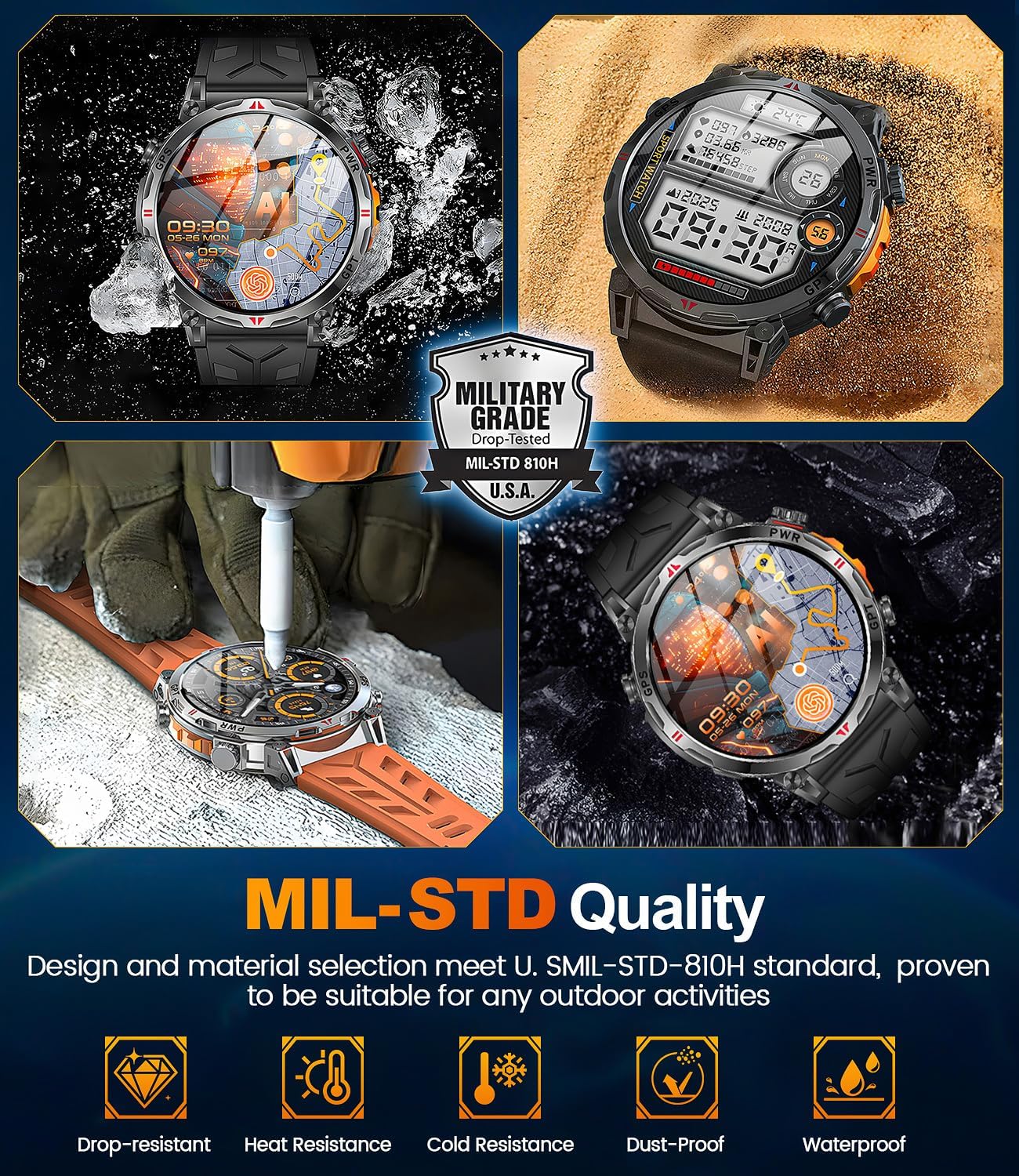 Military Smart Watches for Men GPS, 1.56" AMOLED Screen Bluetooth Call, Smartwatch for Android Phones and iPhone, 100+ Sport Modes, 3ATM Waterproof Smart Watch with Compass - Image 3