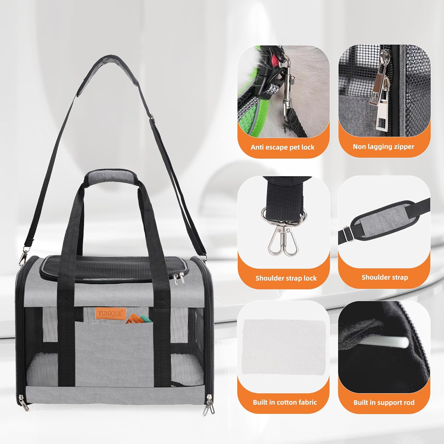 YUNIQUE Soft-Sided Cat & Dog Carrier for Pets Up to 15 Lbs, Airline Approved Collapsible Travel Puppy Carrier with Lightweight Fabric Design (Grey) - Image 8